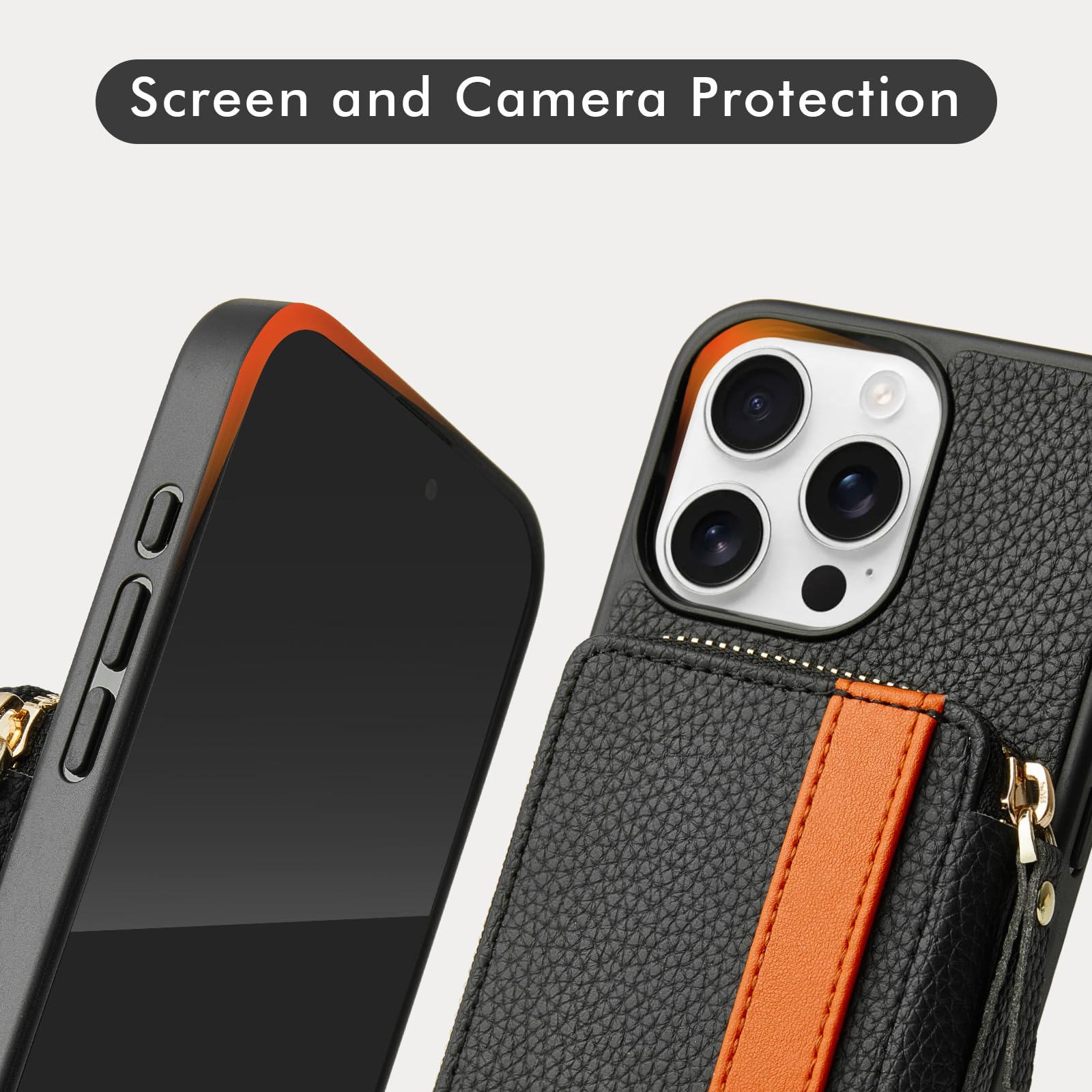 LAMEEKU iPhone 15 Pro Max Wallet Case with Card Holder & Kickstand - Leather Zipper Crossbody Phone Case with Wrist Strap & Lanyard - 6.7
