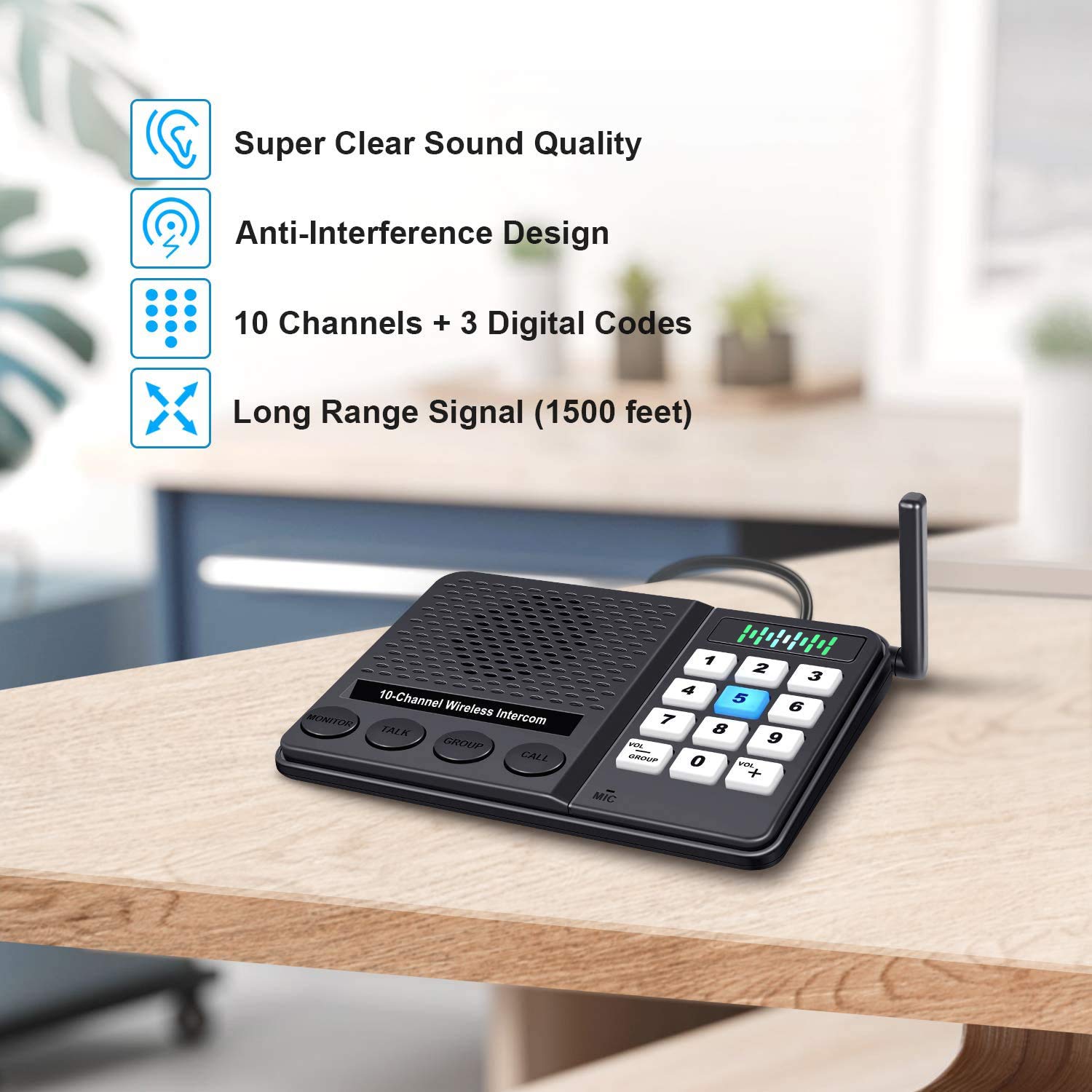 Wireless Intercom System for Home & Office - 10 Channel 3 Privacy Code Long Range (1.1 Mile) Room to Room Communication - 2 Pack - Ideal for Houses, Businesses, and Multi-Room Communication