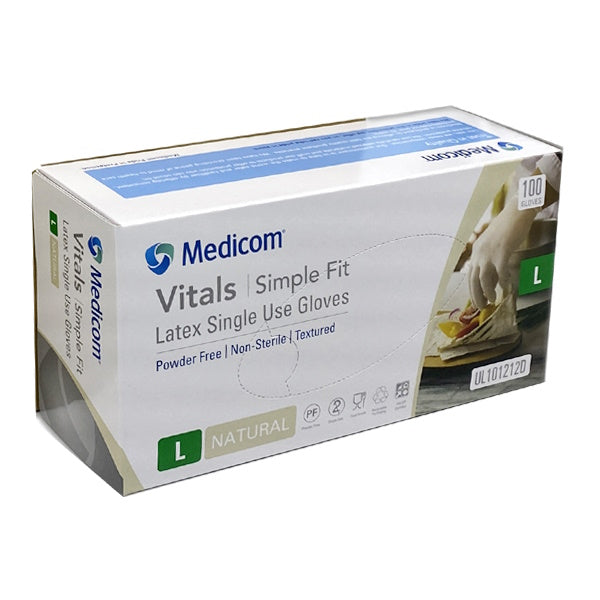 Medicom Vitals Latex Disposable Gloves - 100 Count Box, Powder Free & Clear for Medical, Dental, Food Service & Home Use | Latex Exam Gloves for Healthcare Professionals & Personal Protection