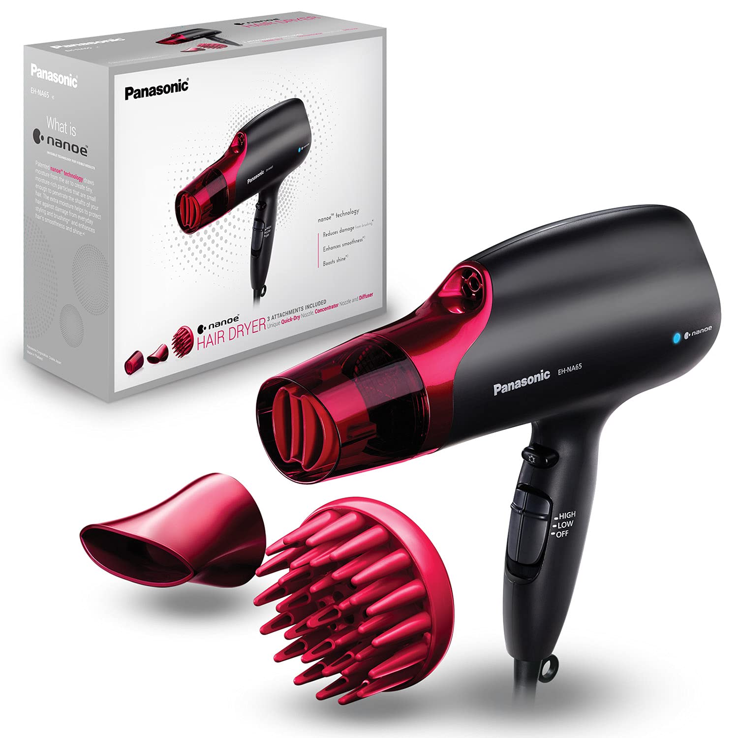 Panasonic EH-NA65-K Nanoe Hair Dryer 1875W - Professional Blow Dryer for Smooth & Shiny Hair with 3 Attachments (Quick Dry Nozzle, Diffuser, Concentrator) - Fast Drying for Home, Salon & Travel Use - Black/Pink