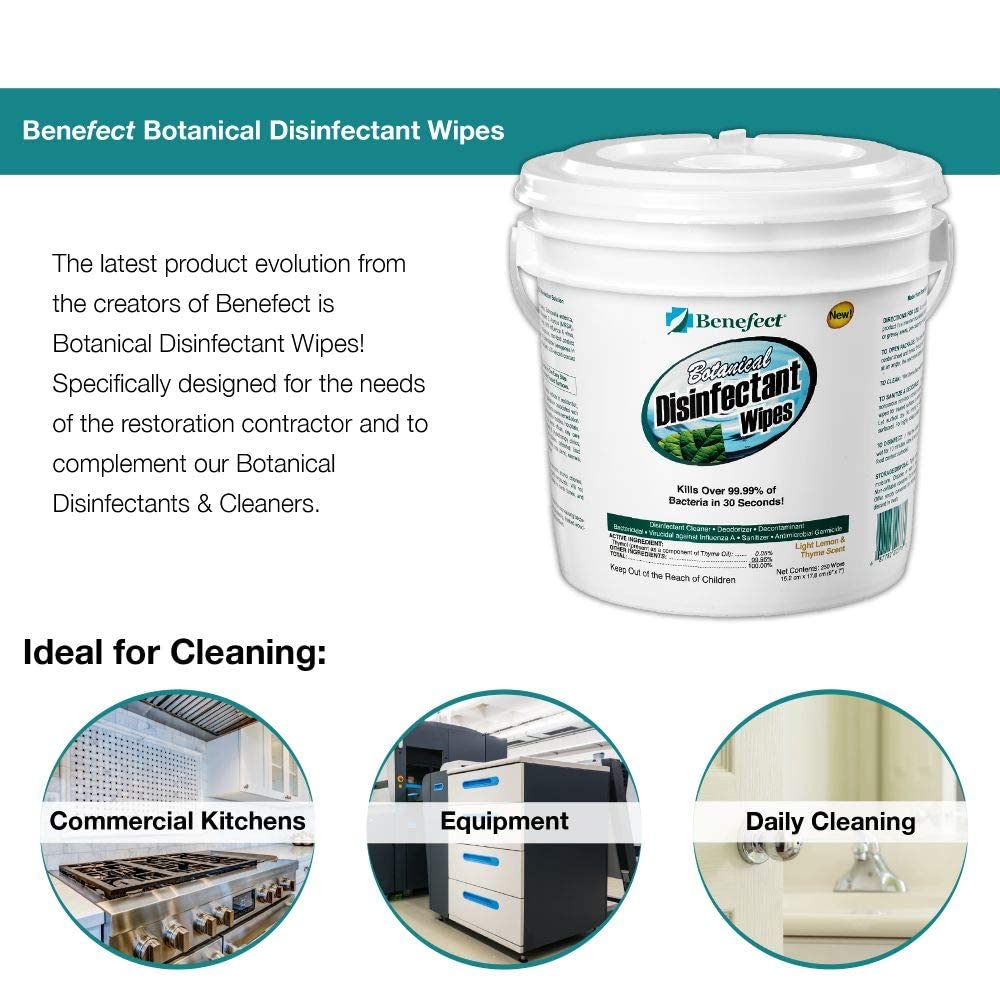 Benefect Botanical Disinfectant Wipes - 750 Count (3 Packs of 250) | All-Natural Sanitizing Wipes for Gym Equipment, Schools & Food Safe Cleaning | Kills 99.9% Germs | Eco-Friendly & Non-Toxic Disinfectant Wipes for High Traffic Areas