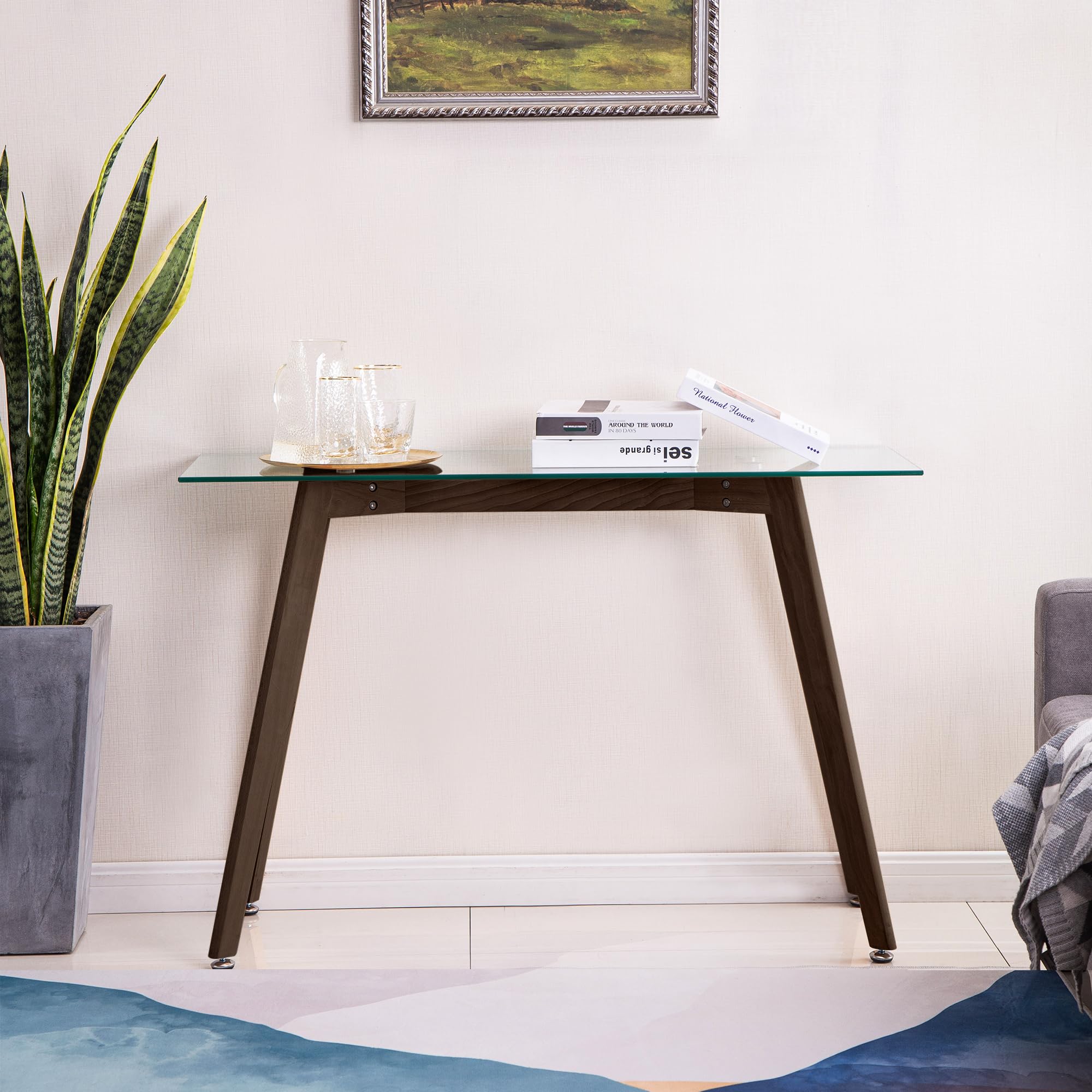 **Ivinta Rustic Brown Glass Console Table - Narrow Rectangular Entryway Table with Solid Wood Legs for Living Room, Hallway, Foyer - Perfect Behind Sofa or Couch for Home Decor**