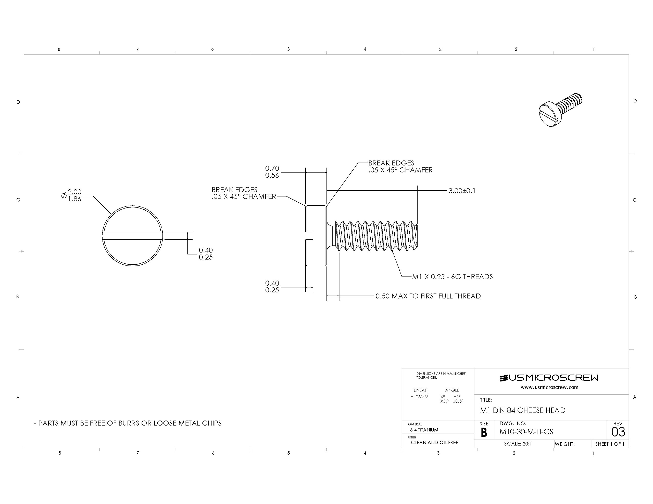 M1-0.25 x 3mm Titanium Machine Screws - Cheese Head Slotted Drive (10 Pack) - M10-30-M-TI-CS - Perfect for Electronics, DIY Projects & Precision Machinery Assembly