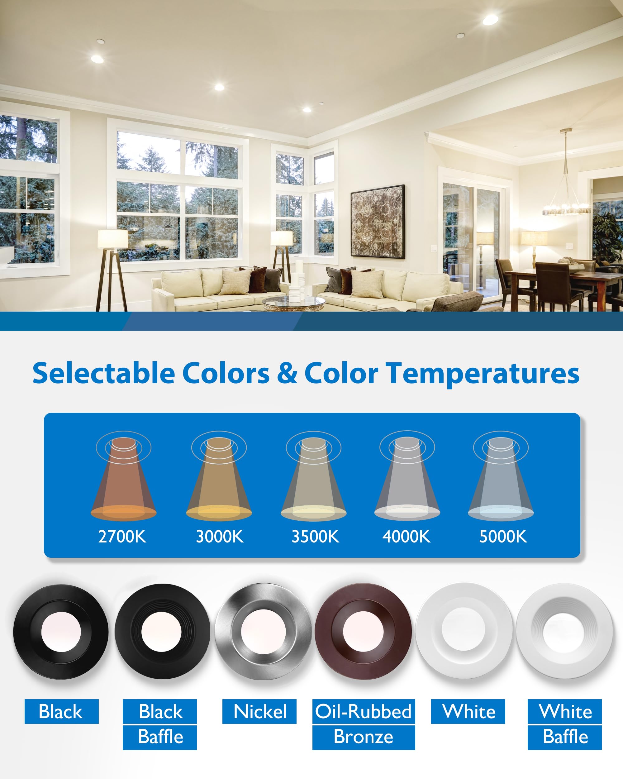 NICOR LED Recessed Ceiling Lights - 5/6 Inch Dimmable Downlight Fixtures with Selectable CCT 2700K-5000K, 918 Lumens, 10.3W - DLR56 Retrofit Recessed Lighting Kit (12-Pack, White Baffle) - Perfect for Living Rooms, Kitchens, and Commercial Spaces