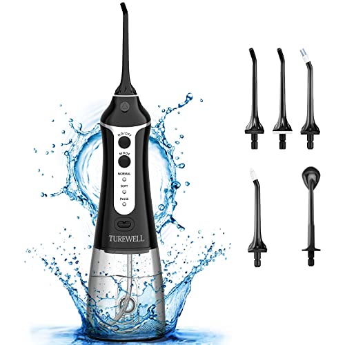 TUREWELL Cordless Water Flosser - 300ML Portable Oral Irrigator with 3 Cleaning Modes & 5 Jet Tips, IPX7 Waterproof Teeth Cleaner for Braces, Travel & Family Use | Perfect for Home, Office & On-the-Go Dental Care