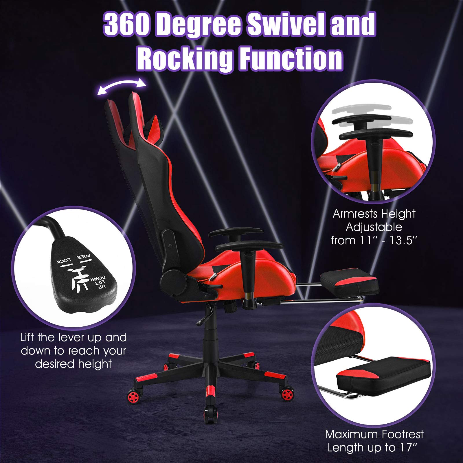 Giantex Ergonomic Massage Gaming Chair with Footrest - High Back PU Leather E-Sport Computer Chair with Adjustable Headrest & Lumbar Support - Perfect for Video Gaming, Office Work & Home Relaxation (Red)