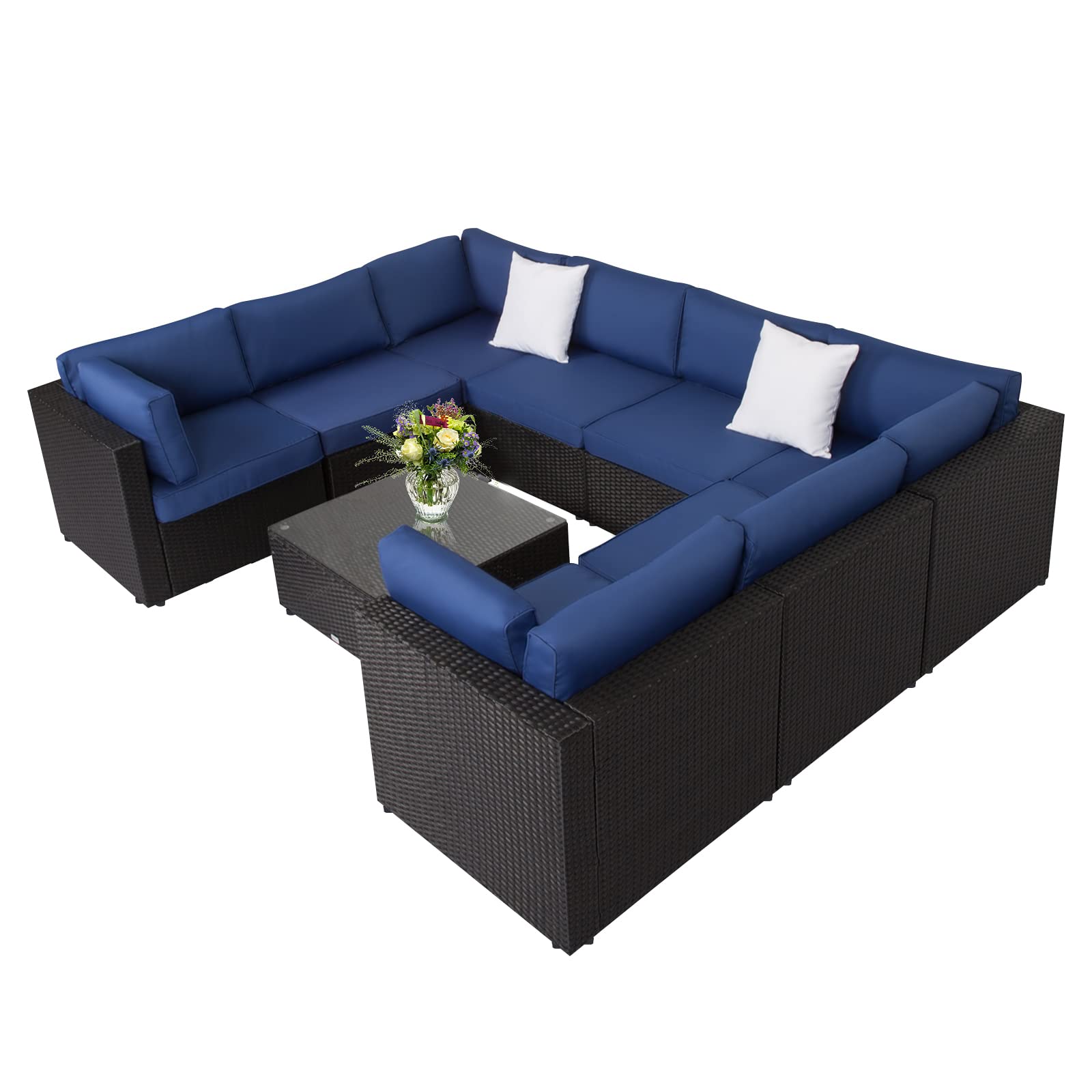 Kinbor 9-Piece Patio Furniture Set - Outdoor Sectional Sofa with Cushions for Porch, Garden & Poolside - Dark Blue Waterproof Wicker Furniture - Perfect for Backyard Relaxation & Outdoor Entertaining