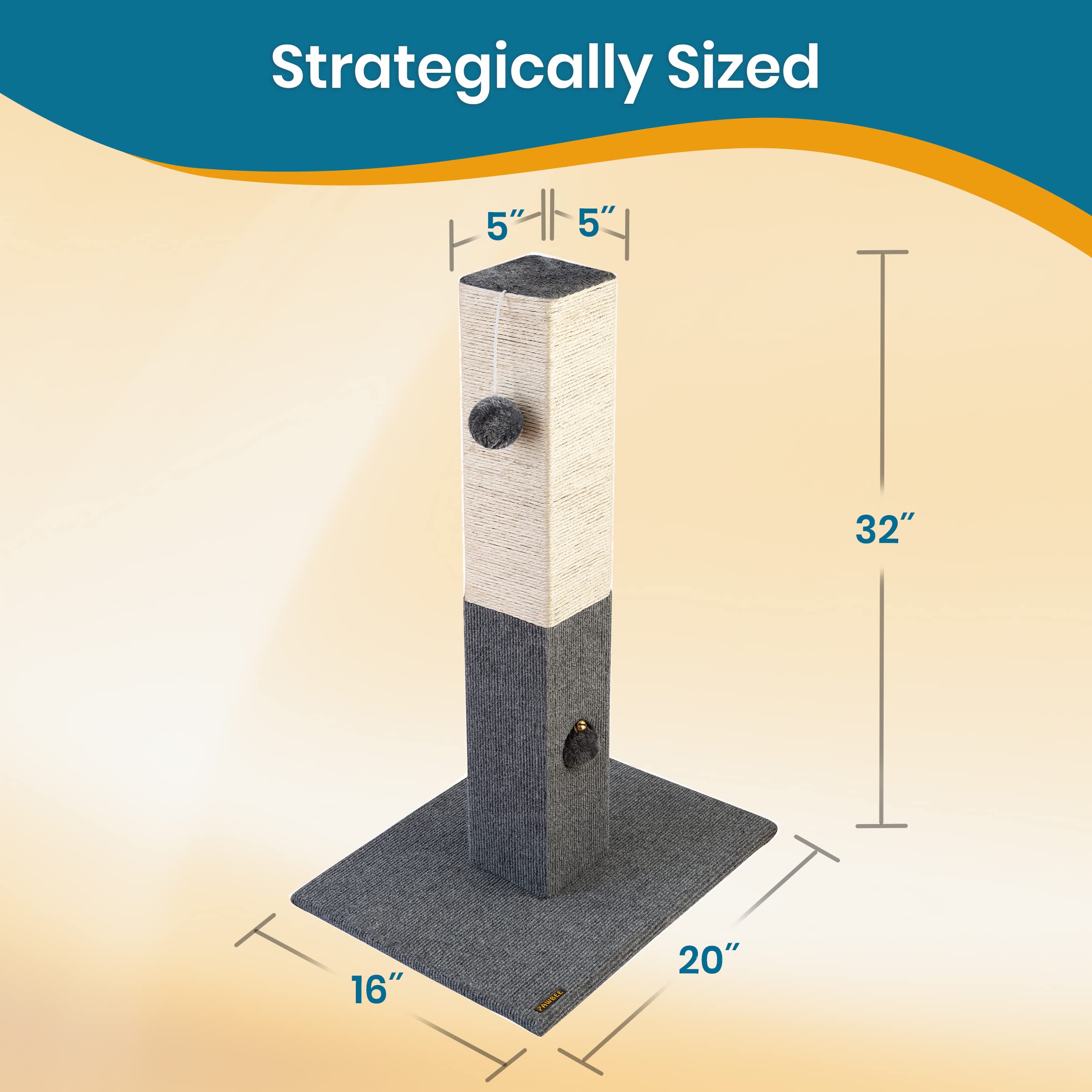 PAWBEE 32 Inch Tall Cat Scratching Post with Sisal Rope - Durable Indoor Cat Tree for Small & Large Cats - Cat Tower with Jingle Bell Toy - Perfect for Living Room, Bedroom & Home Office Play