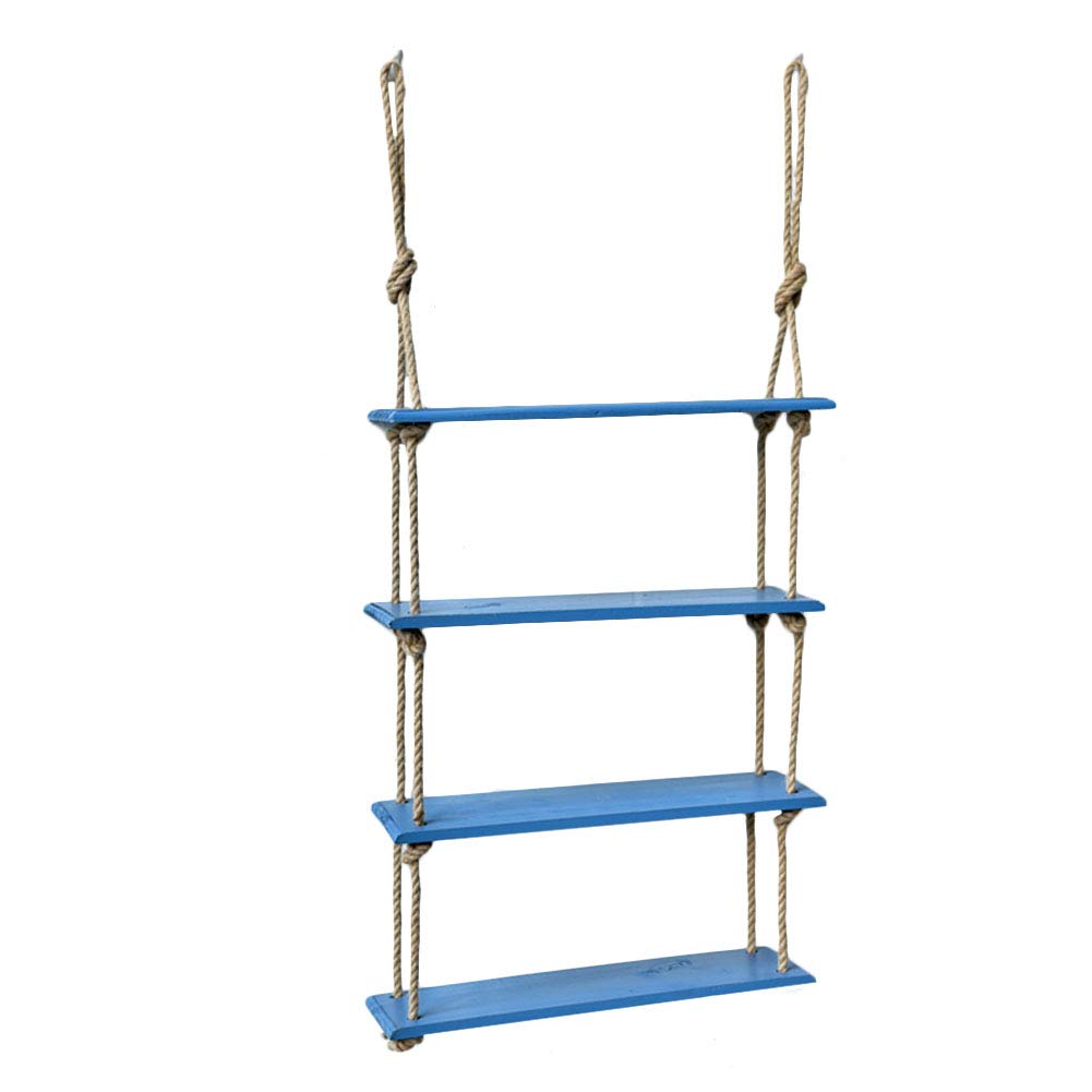 Floating Wall Shelves for Storage - Multi-Layer Wooden Bookshelf with Hemp Rope, Flower Stand Display (4 Sizes, Blue 49.5x14x120cm) - Perfect for Living Room, Bedroom, Office Decor & Organization