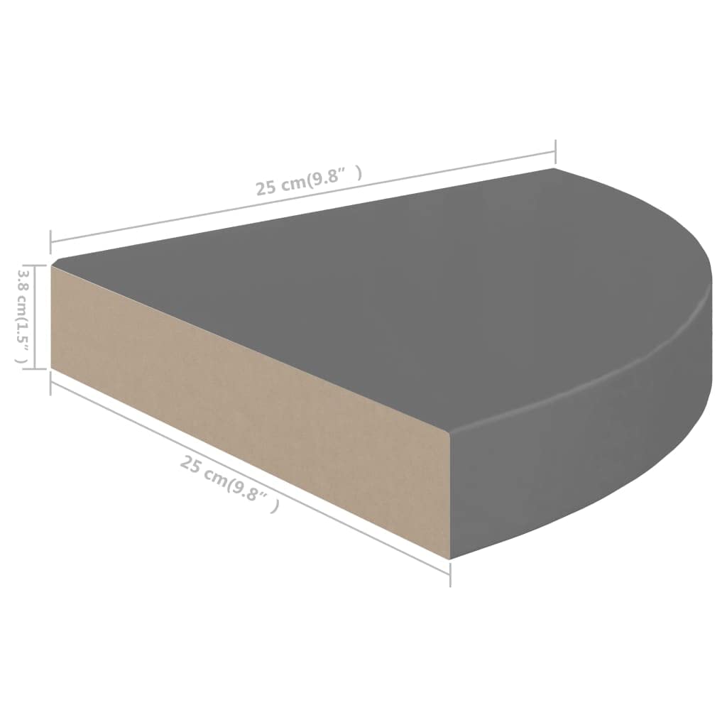 CHARMMA 323894 Floating Corner Shelves Set of 4 - High Gloss Grey MDF Wall Shelves 25x25x3.8 cm - Perfect for Bathroom, Kitchen, Living Room & Bedroom Storage Organization