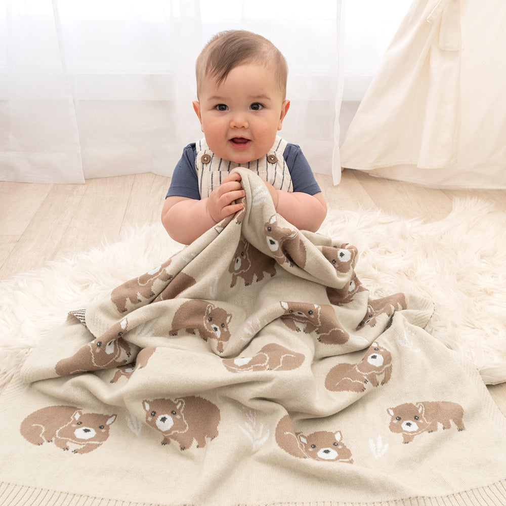 Soft Cotton Knit Australiana Baby Blanket - Adorable Fawn Wombat Design | Perfect for Nursery, Stroller & Gift Giving