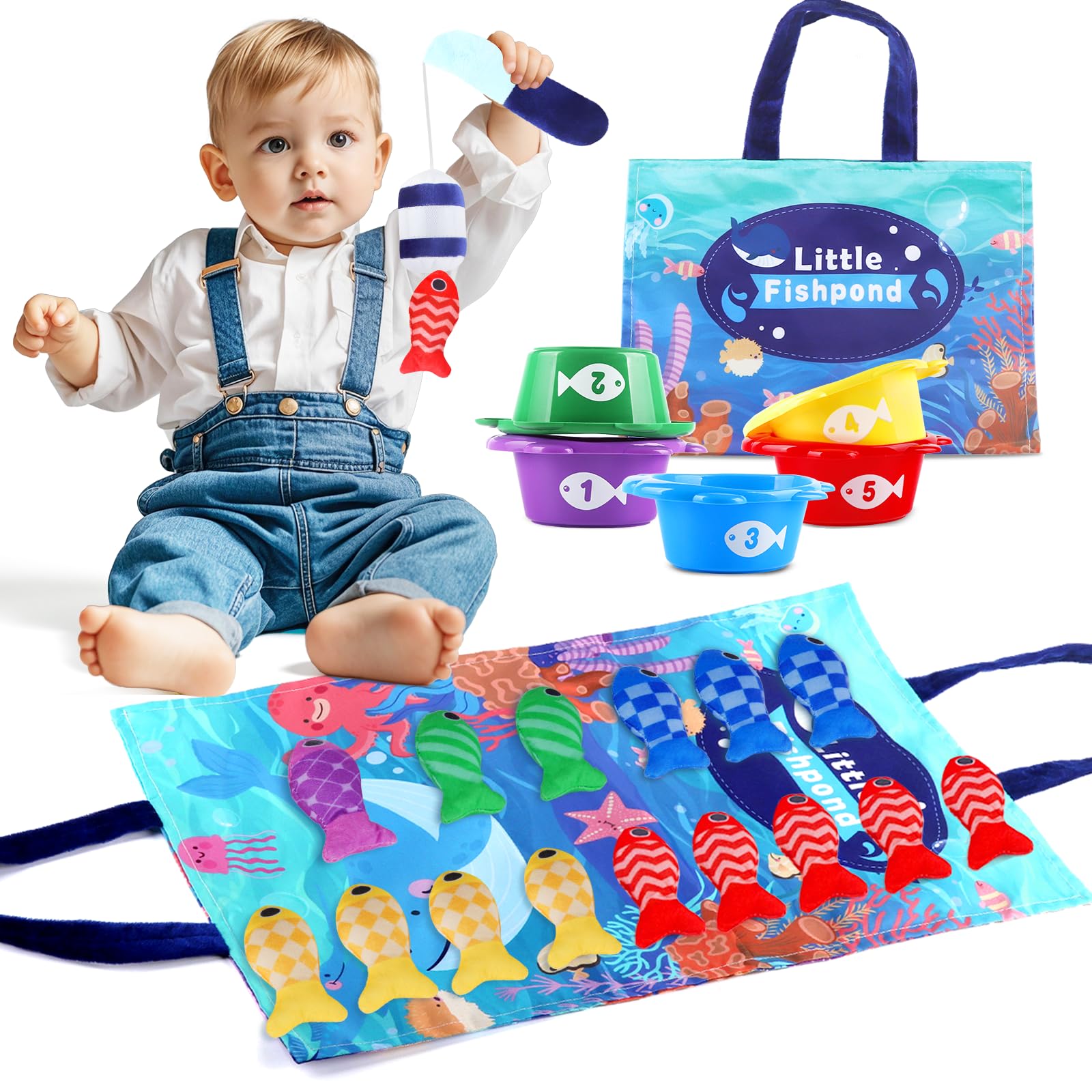Montessori Fish Toys for Toddlers 6-12 Months - 22 PCS Cloth Fishing Game with Stacking Cups, Number Counting & Color Sorting - Sensory Learning Toy for Baby Boys & Girls - Perfect Birthday Gift for Indoor Play & Early Childhood Development