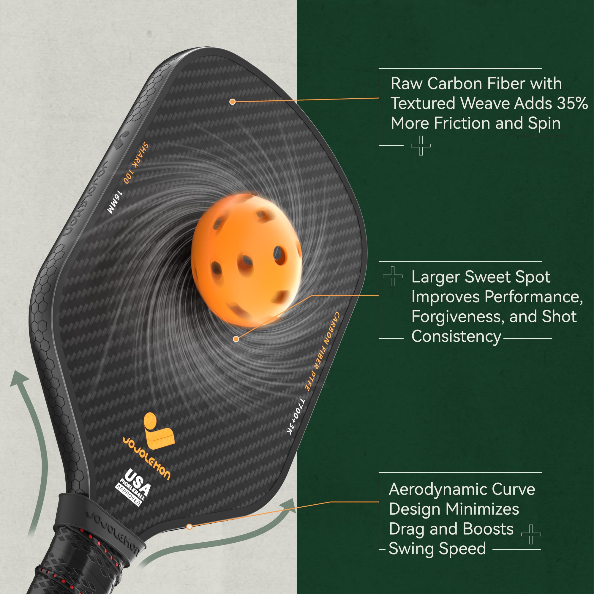 **Premium Carbon Fiber Pickleball Paddles - 16mm Shark Power Polymer Core for Ultimate Spin & Control | Perfect for Competitive Play & Outdoor Pickleball Games**