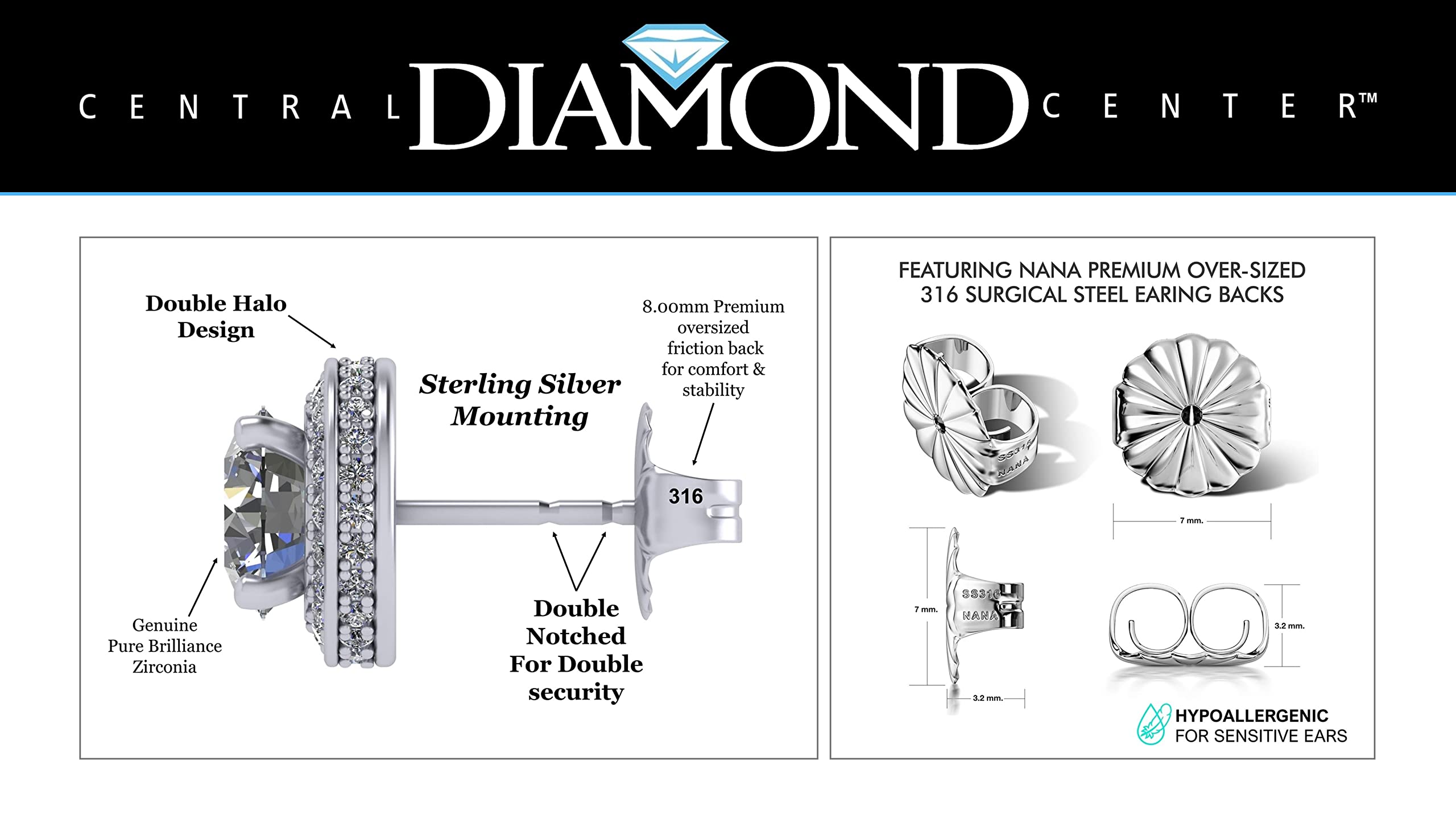 Central Diamond Round Halo Stud Earrings & Pendant Necklace Set with 6.5mm Simulated Birthstones in 925 Sterling Silver, Hypoallergenic Jewelry for Women - Perfect Gift for Birthday, Anniversary & Special Occasions