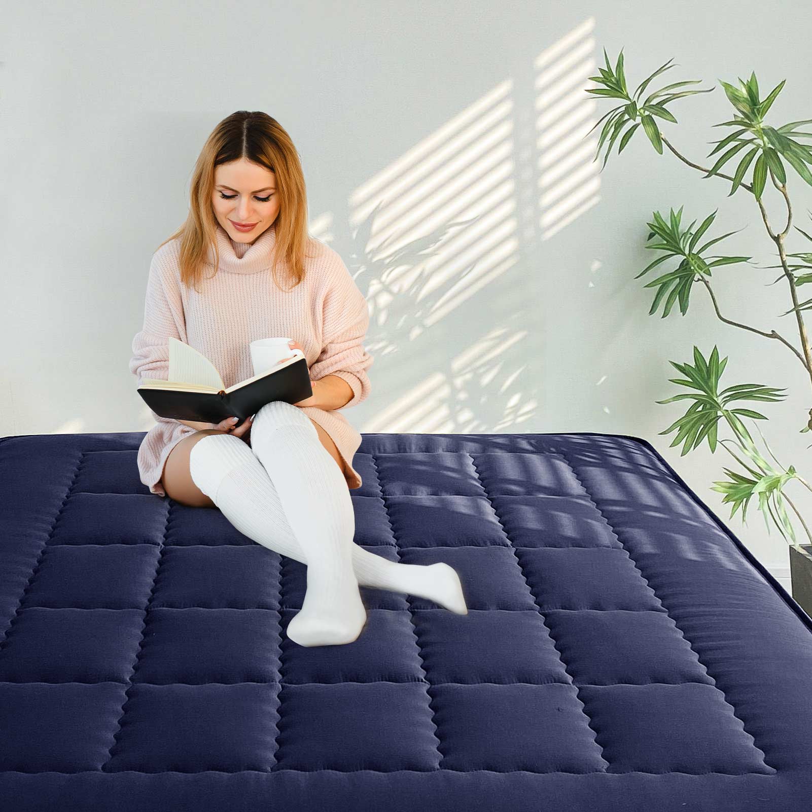 MAXYOYO 6 Extra Thick Japanese Futon Mattress - Rectangle Quilted Floor Bed for Family & Guests, Navy Blue - Perfect for Small Spaces, Guest Rooms & Minimalist Home Decor