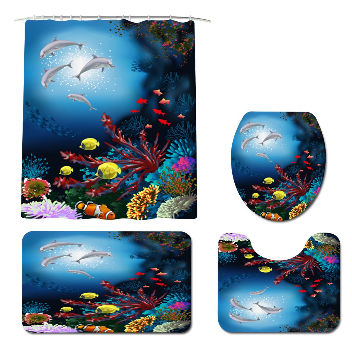 Blue Ocean Bathroom Sets for Kids - Shower Curtain with White Dolphins & Fish, Bath Mat, Toilet Seat Cover & Rugs | Boys & Girls Coastal-Themed Bathroom Decor | Perfect for Beach House, Nursery or Kids' Bathroom Makeover