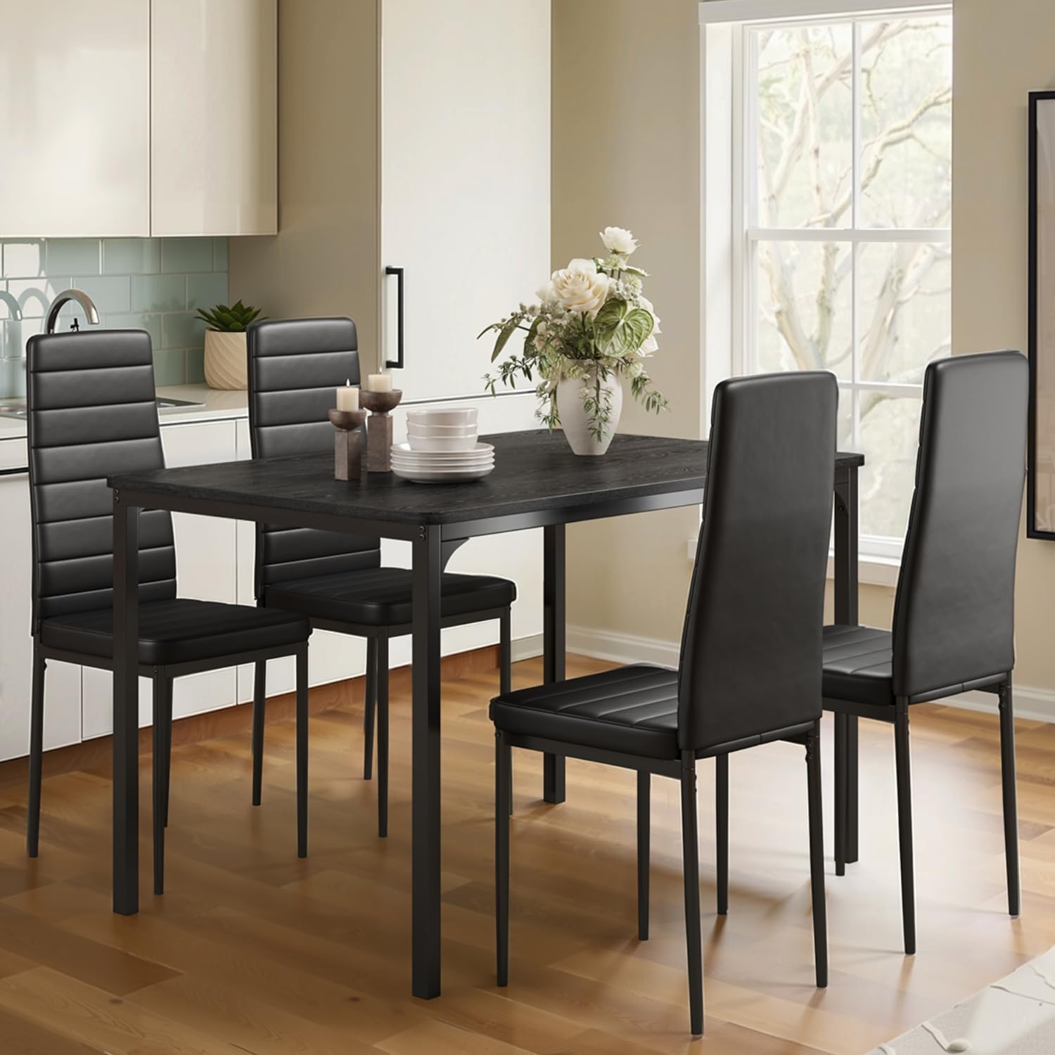 5-Piece Gizoon Dining Table Set for 4 with Upholstered PU Leather Chairs - Kitchen & Dining Room Table Set for Small Spaces, Apartments, Living Rooms - Perfect for Family Meals, Entertaining Guests & Compact Home Decor (Black)