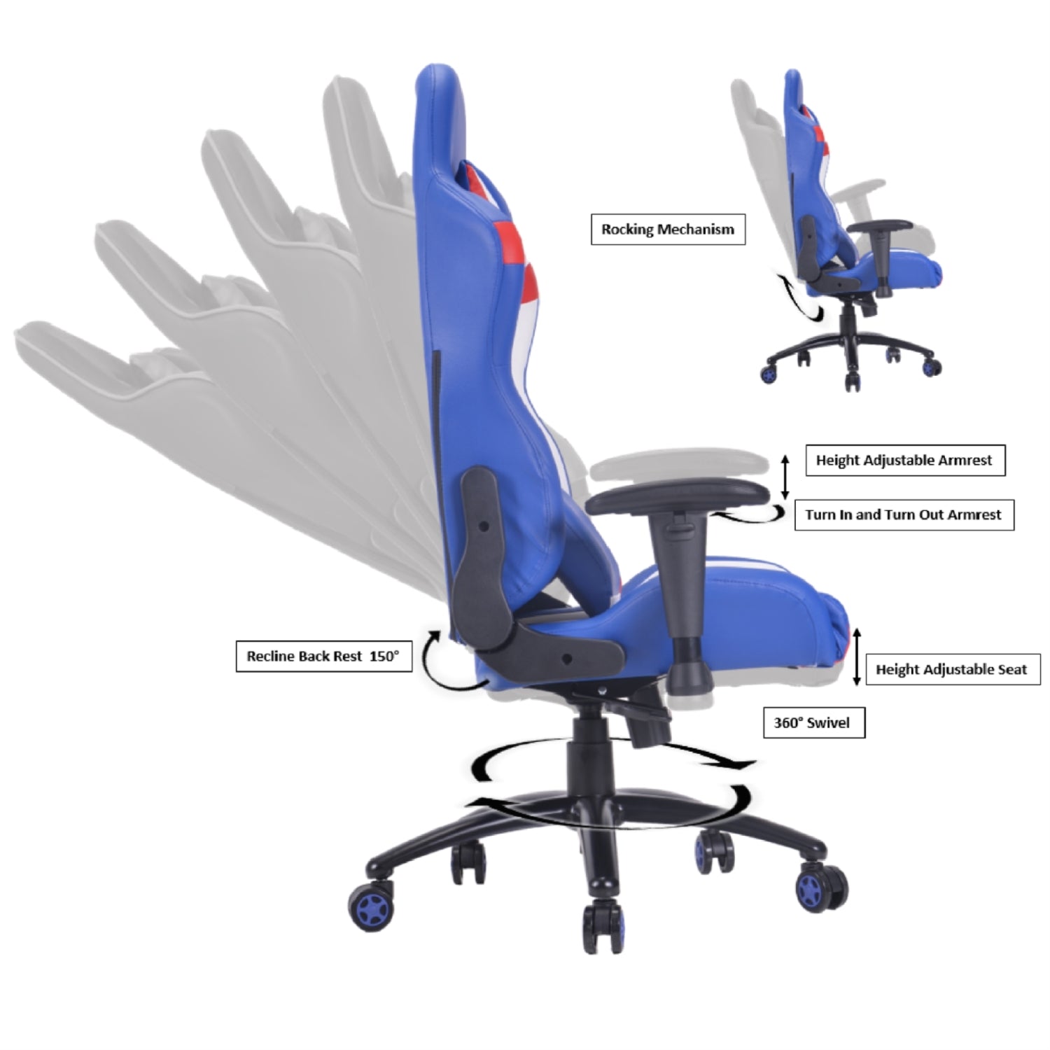 PRO X Series 77E07 Ergonomic Gaming Chair - Blue, Red, White | High Back Racing Style with Lumbar Support | Perfect for PC, PS5, Xbox Gaming & Home Office Setup