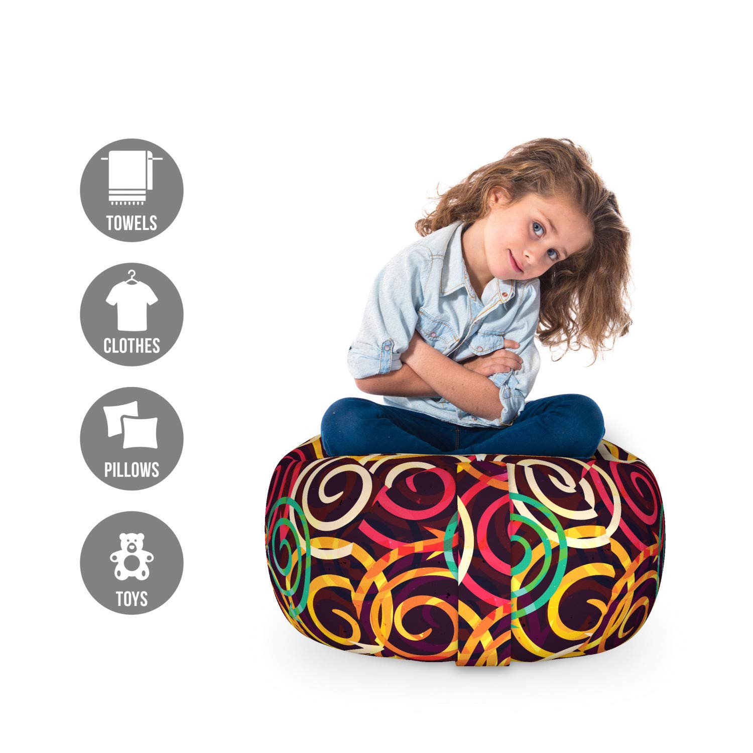 Ambesonne Abstract Spiral Arrow Toy Storage Bag Chair - Vibrant Retro Graffiti Pattern, Washable Stuffed Animal Organizer (Small, Multicolor) - Perfect for Kids' Room, Playroom & Nursery Organization