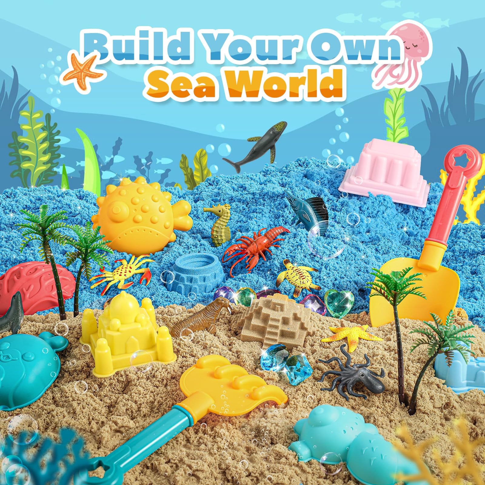 FRUSE Ocean Sensory Bin - 2.2lbs Play Sand Kit with 12 Sea Animal Toys & Sand Molds | Beach Themed Sensory Play for Toddlers Ages 3-7 | Perfect for Preschool Learning, Birthday Gifts & Indoor/Outdoor Sandbox Play