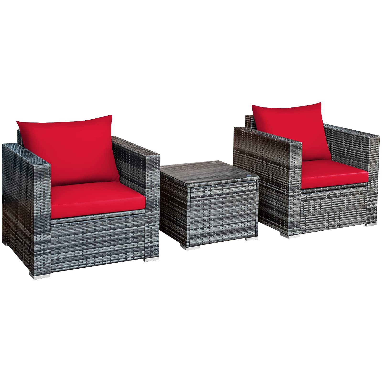 Tangkula 3-Piece Outdoor Patio Furniture Set - PE Rattan Wicker Sofa with Washable Cushions & Tempered Glass Table - Garden, Poolside, Backyard Conversation Set for Relaxing & Entertaining