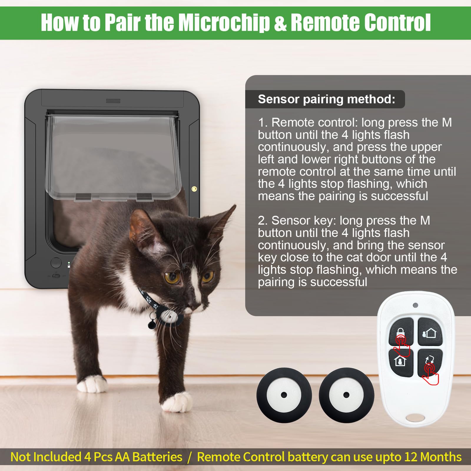 Smart RFID Cat Door for Interior & Exterior - Microchip Activated Pet Door with 2 Collar Sensors, Remote Control & 4-Way Locking System | Automatic Cat Flap for Home Security & Pet Safety (Black) | Perfect for Multi-Cat Households & Smart Home Integration