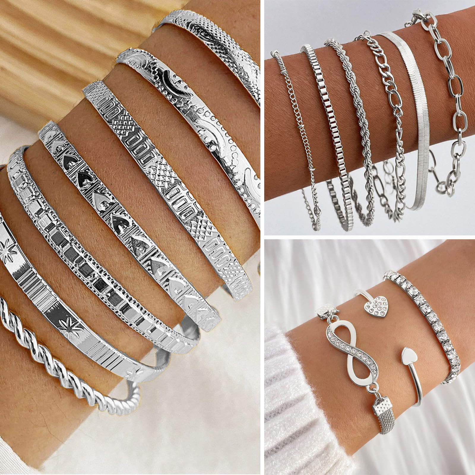 IFKM 36-Piece Silver Plated Jewelry Set for Women - 3 Necklaces, 12 Bracelets, 7 Ear Cuffs, 14 Knuckle Rings - Valentine's Day, Anniversary, Birthday Gift for Her - Perfect for Parties, Date Nights & Special Occasions