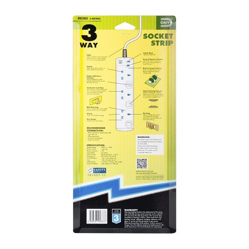 DE 283 LED 3-Way Socket Strip with Surge Protection | 3M & 6M Extension Cord | Perfect for Home Office, Workshop & Holiday Lighting