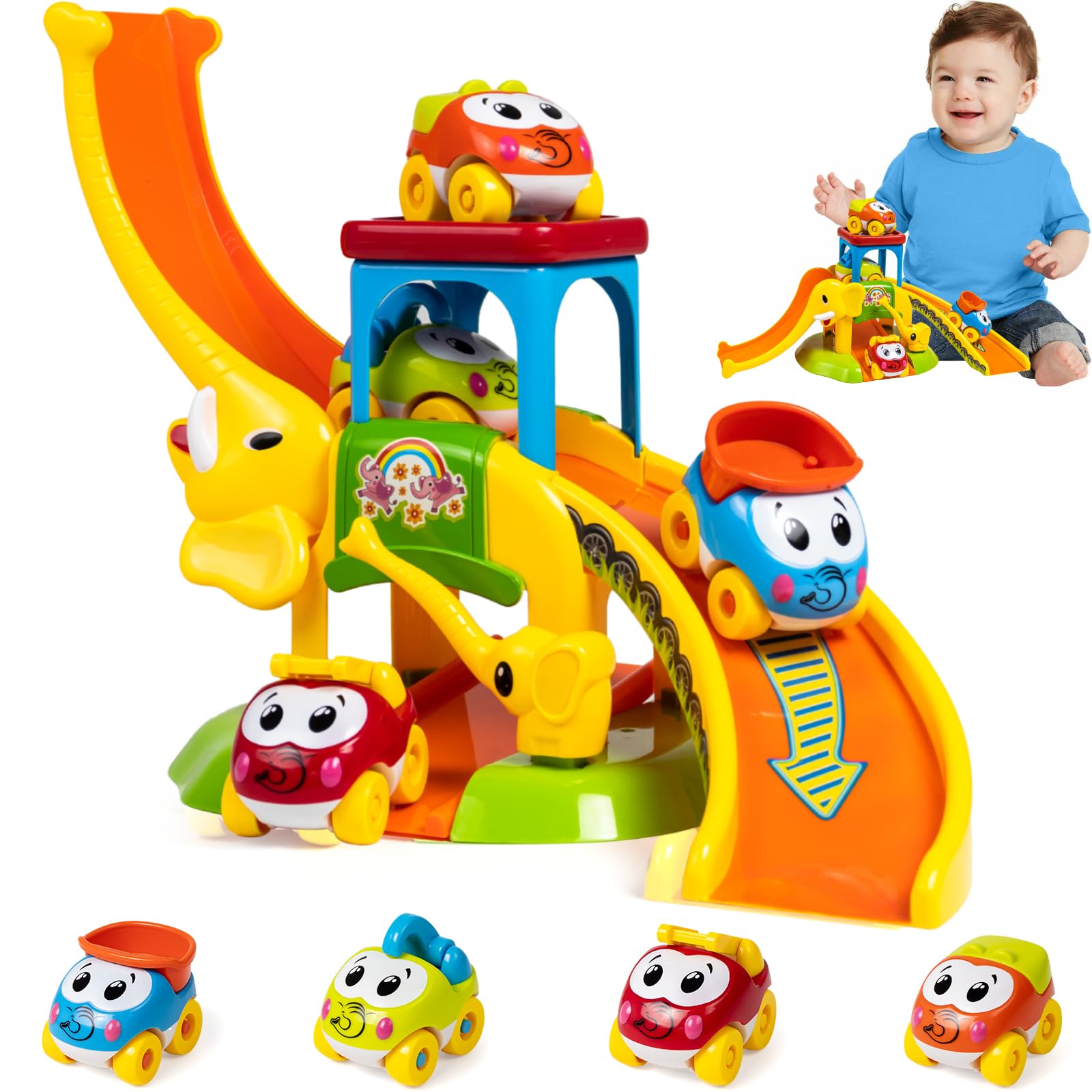 Marstone Educational Elephant Slide & 4 Animal Cars Toy Set - Toddler Learning Push Truck Track for 1-2 Year Old Boys & Girls | First Birthday Gift for 12-18 Months Baby | Perfect for Early Childhood Development & Indoor Playtime