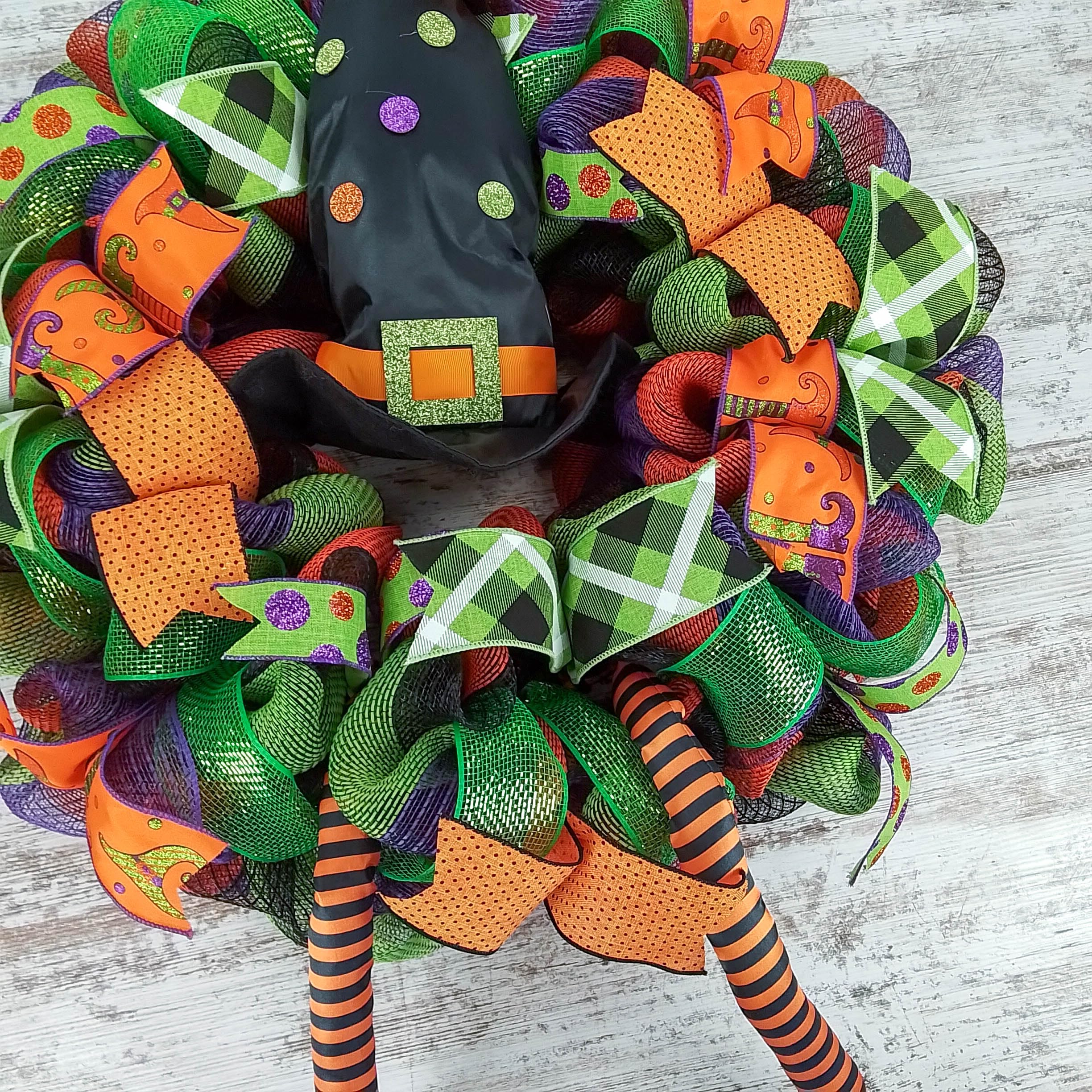 Halloween Witch Wreath with Hat & Legs - Lime Green, Black & Orange Mesh Welcome Door Decor for Spooky Front Porch | Perfect for Halloween Party Decorations & Haunted House Entrance