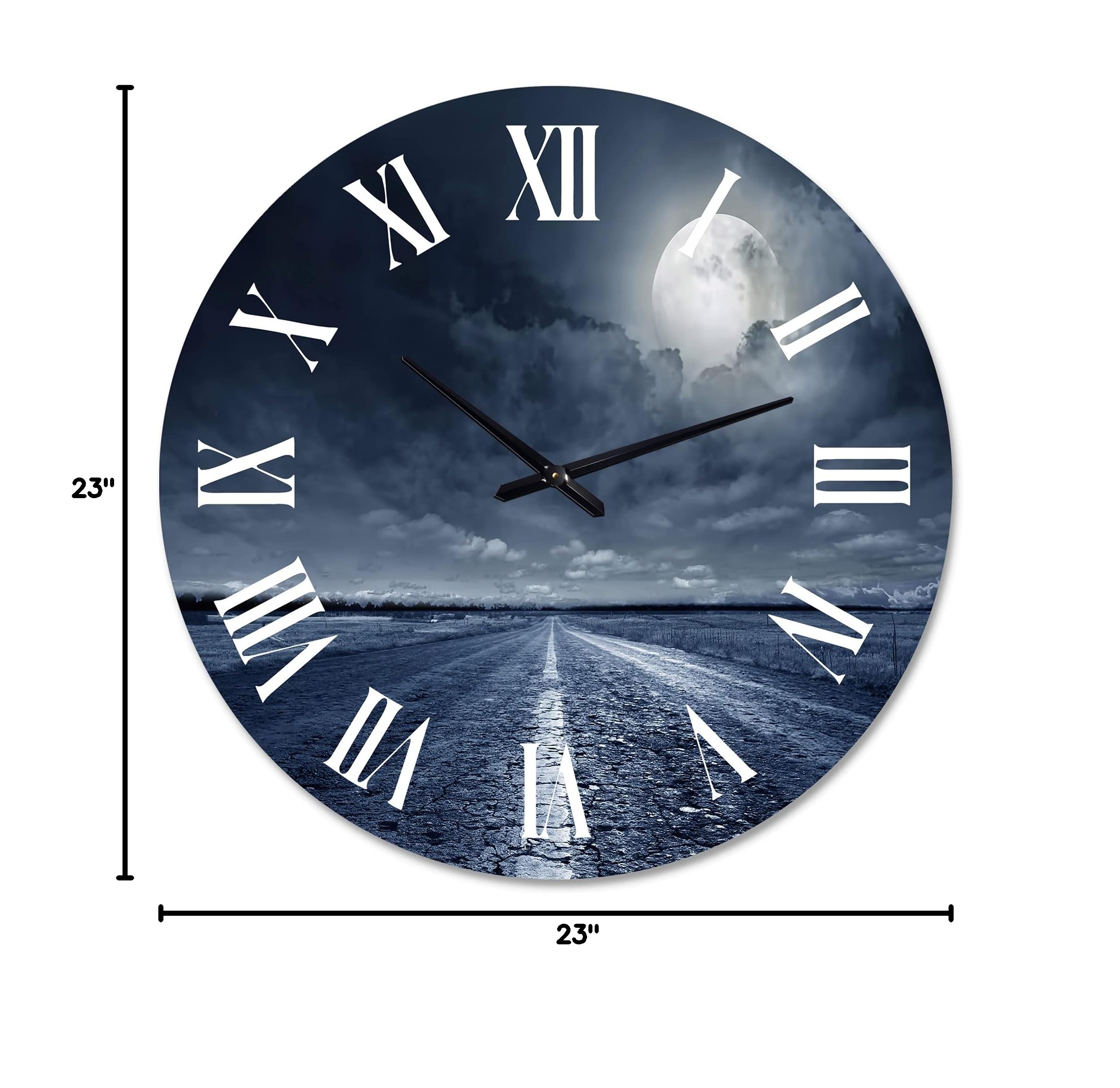 Nautical Coastal Wall Clock - 'Asphalt Road Under Cloudy Full Moon' Landscape Nature Decor | Large Modern Wall Clock for Bedroom, Living Room & Office | Perfect Home & Gift Idea