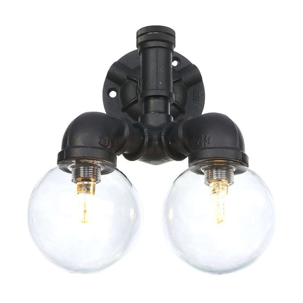 Vintage Industrial Pipe Wall Lamp - 2-Light Retro Iron Wall Sconce with ON/Off Switch, Glass Ball Shade & G4 Bulb - Perfect for Living Room, Loft, Bar, or Restaurant Decor - Wall Lighting Fixture with Industrial Lantern Style
