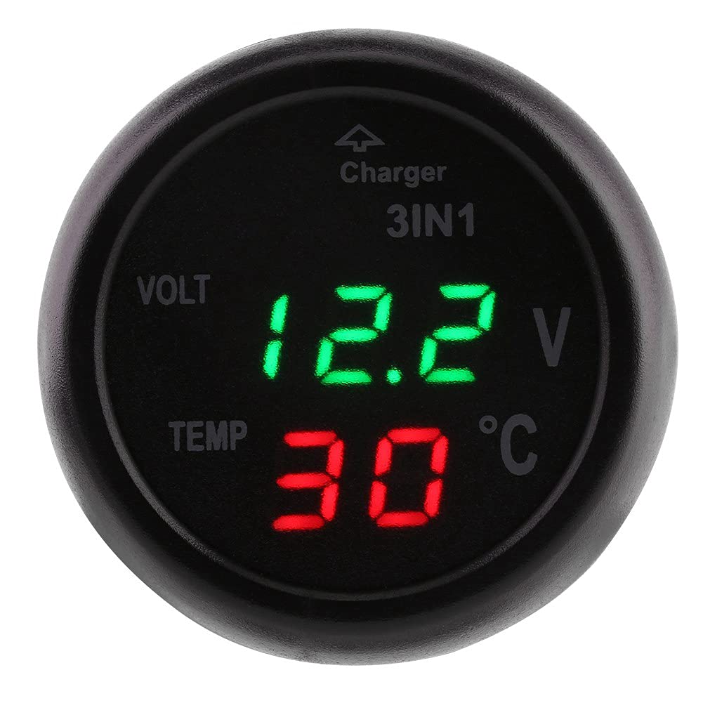 Dual USB Car Charger with LED Digital Voltmeter & Thermometer - 12V/24V Cigarette Lighter Adapter (Green+Red) for Road Trips & Emergency Power Supply