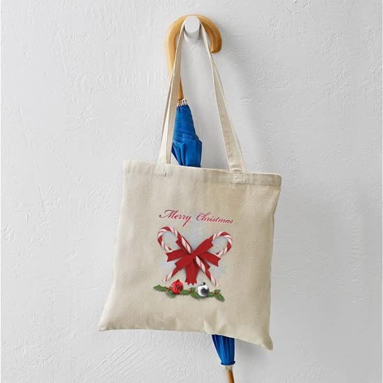Candy Canes Merry Christmas Tote Bag - Natural Canvas Reusable Shopping Bag for Holiday Gifts, Groceries & Festive Outings