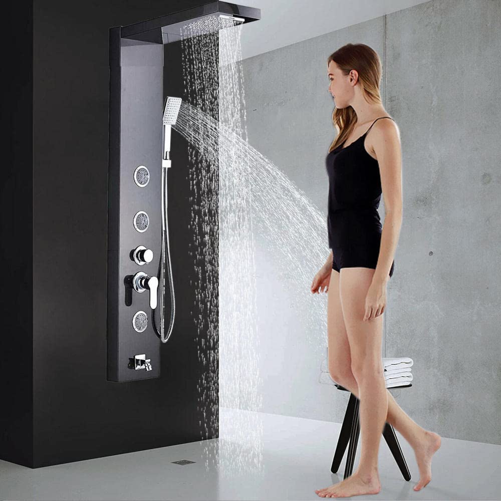 Black Rainfall Waterfall Combo Faucet Shower Panel Tower with Body Jets - Massage System for Luxury Bathroom Spa Experience