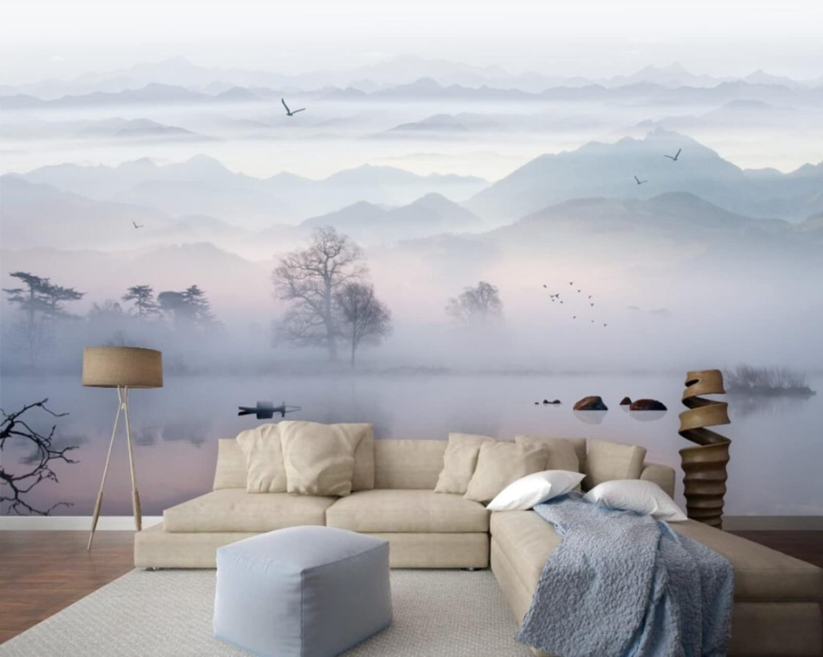 3D Ink Painting Landscape Scenery Wall Mural - Psychedelic Fog Forest Wallpaper for Bedroom, Living Room & TV Wall Decor (59