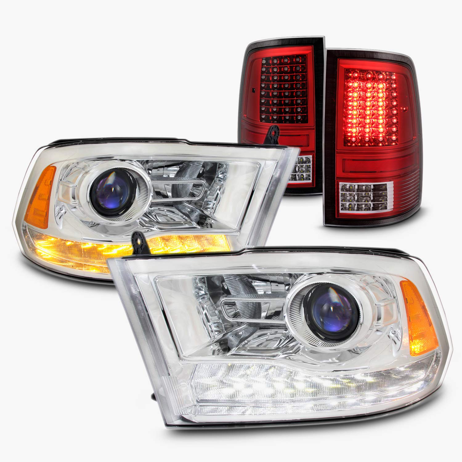 AKKON LED Headlights and Tail Lights for Dodge Ram 2009-2018 - Chrome Clear Front Headlamps with Red Housing Rear Lights (Pair) - Upgrade Your Truck's Style & Visibility for Night Driving and Off-Road Adventures