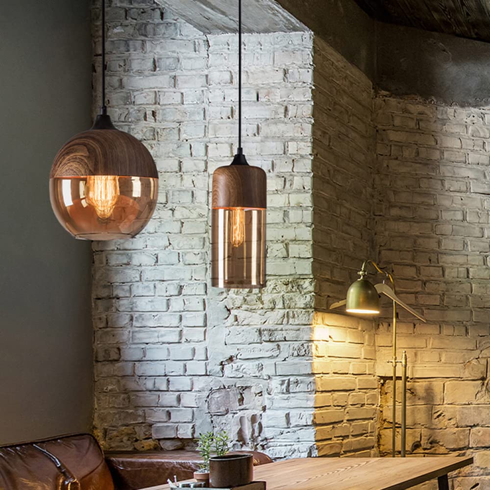 LITFAD Modern 1-Light Nordic Pendant Lamp - Walnut Wood Finish & Geometric Glass Shade - 110V-120V Hanging Ceiling Light for Cafe, Kitchen Island, Dining Room & Living Room Decor