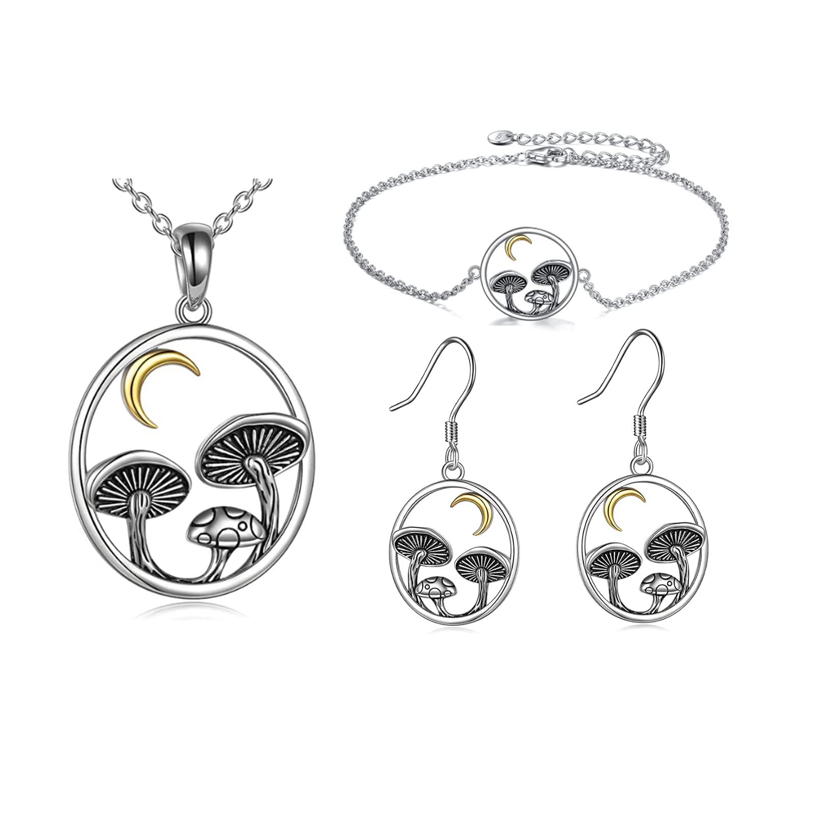 Magical Mushroom Necklace, Earrings & Anklet Set - Sterling Silver Moon Mushroom Pendant Jewelry Gift for Women | Nature-Inspired Boho Accessories for Festivals, Everyday Wear & Spiritual Healing