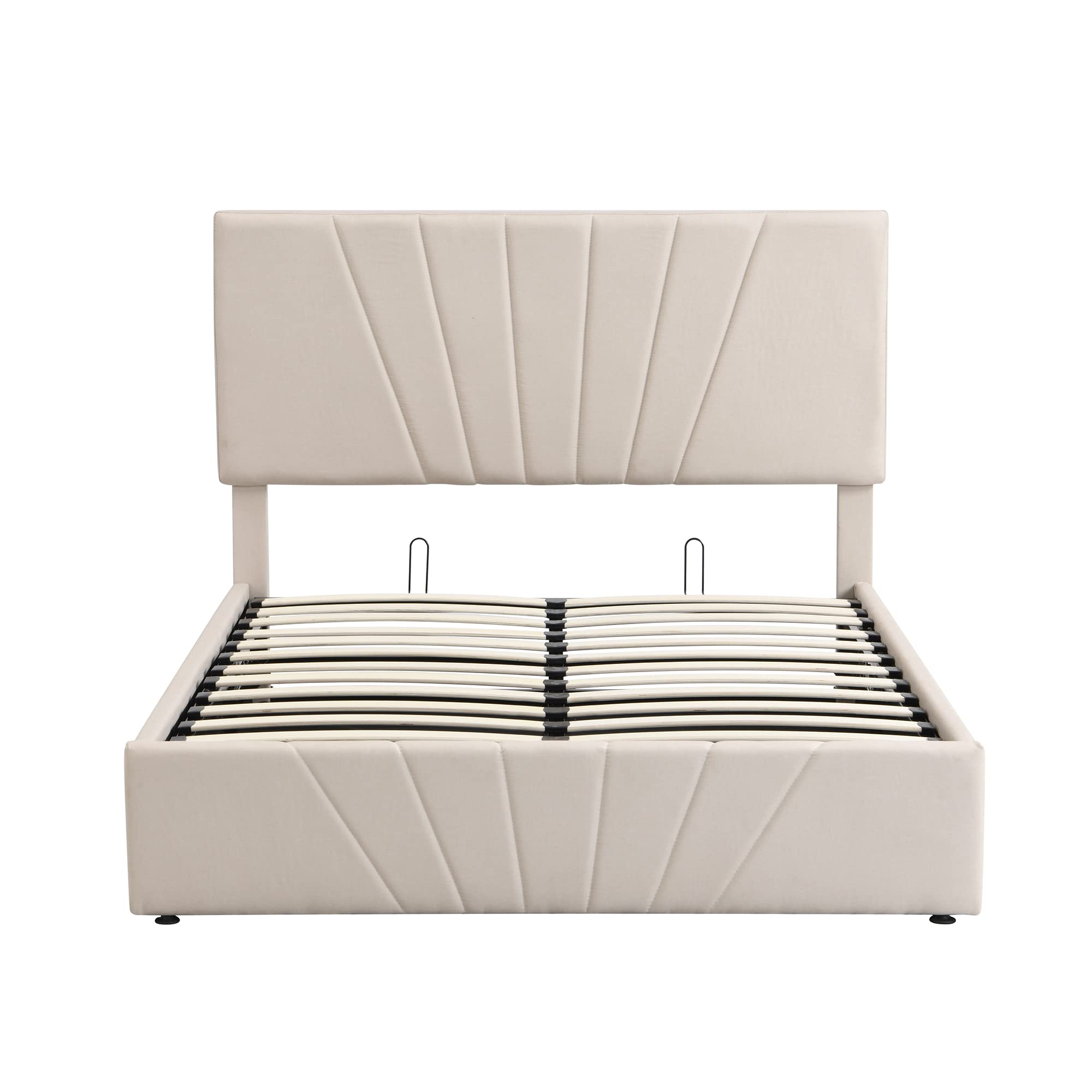 Upholstered Full Bed Frame with Underbed Storage | Gas Lift Hydraulic System | Adjustable Headboard | Beige | Perfect for Small Bedrooms, Guest Rooms & Dormitories