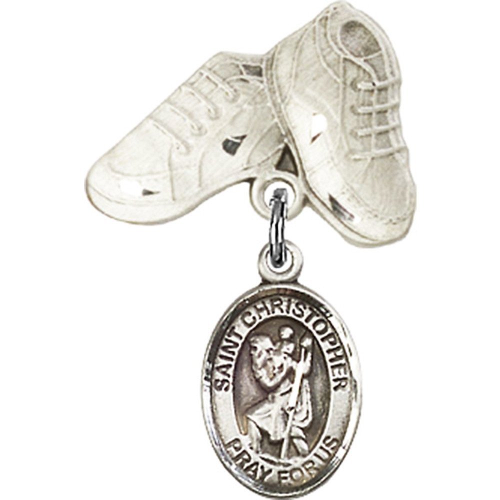 St. Christopher Sterling Silver Baby Badge with Baby Boots Charm - 1 X 5/8 Inch - Perfect for Christening Gifts, Baptism Keepsakes & Newborn Jewelry