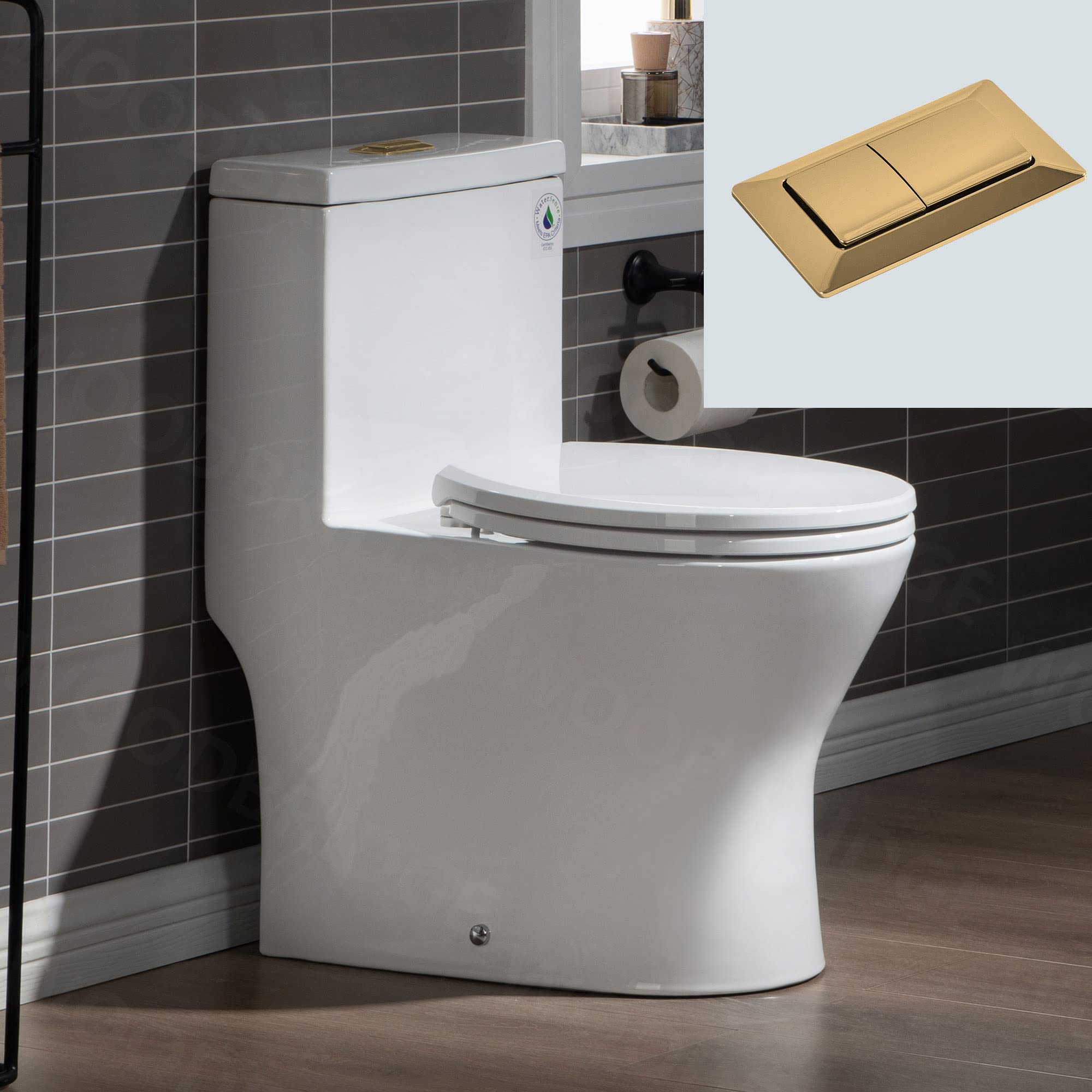 WOODBRIDGE Compact Dual Flush 1.28 GP One Piece Toilet with Soft Closing Seat - 1000 Gram MaP Flushing Score - Small Bathroom Toilet with Brushed Gold Button (B0500-BG, White) - Perfect for Tiny Bathrooms, Powder Rooms & Space-Saving Home Renovations