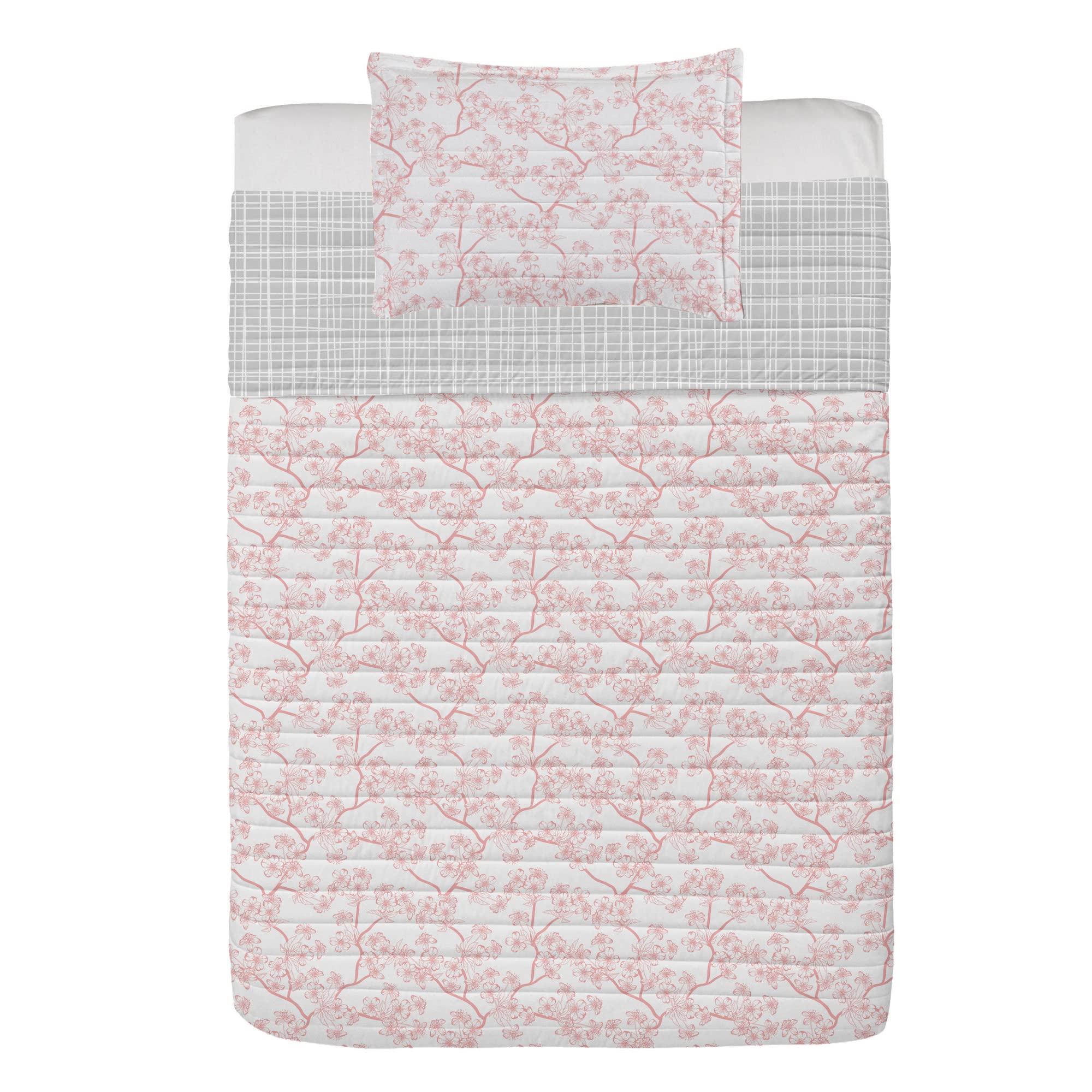 Ambesonne Reversible Cherry Blossom Bedspread Set - Twin Size Microfiber Comforter with Pillow Shams, Soft Coral & White Retro Sakura Pattern, Japanese Inspired Floral Design | Perfect for Spring Bedroom Decor, Asian-Themed Home, and Cultural Gift Giving