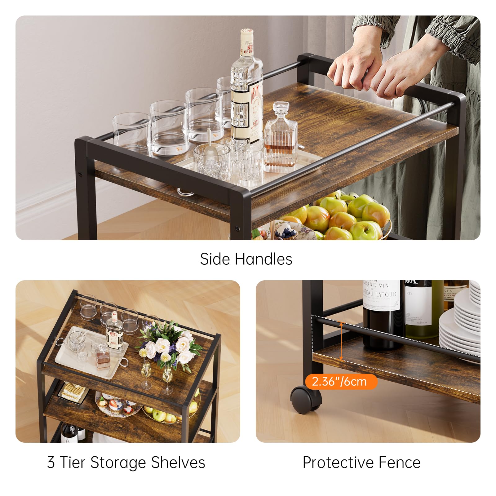 3-Tier Rolling Bar Cart with Wheels & Storage Shelves - Rustic Brown & Black Home Bar Serving Cart for Kitchen, Dining & Living Room | Perfect for Entertaining, Cocktail Parties & Beverage Storage