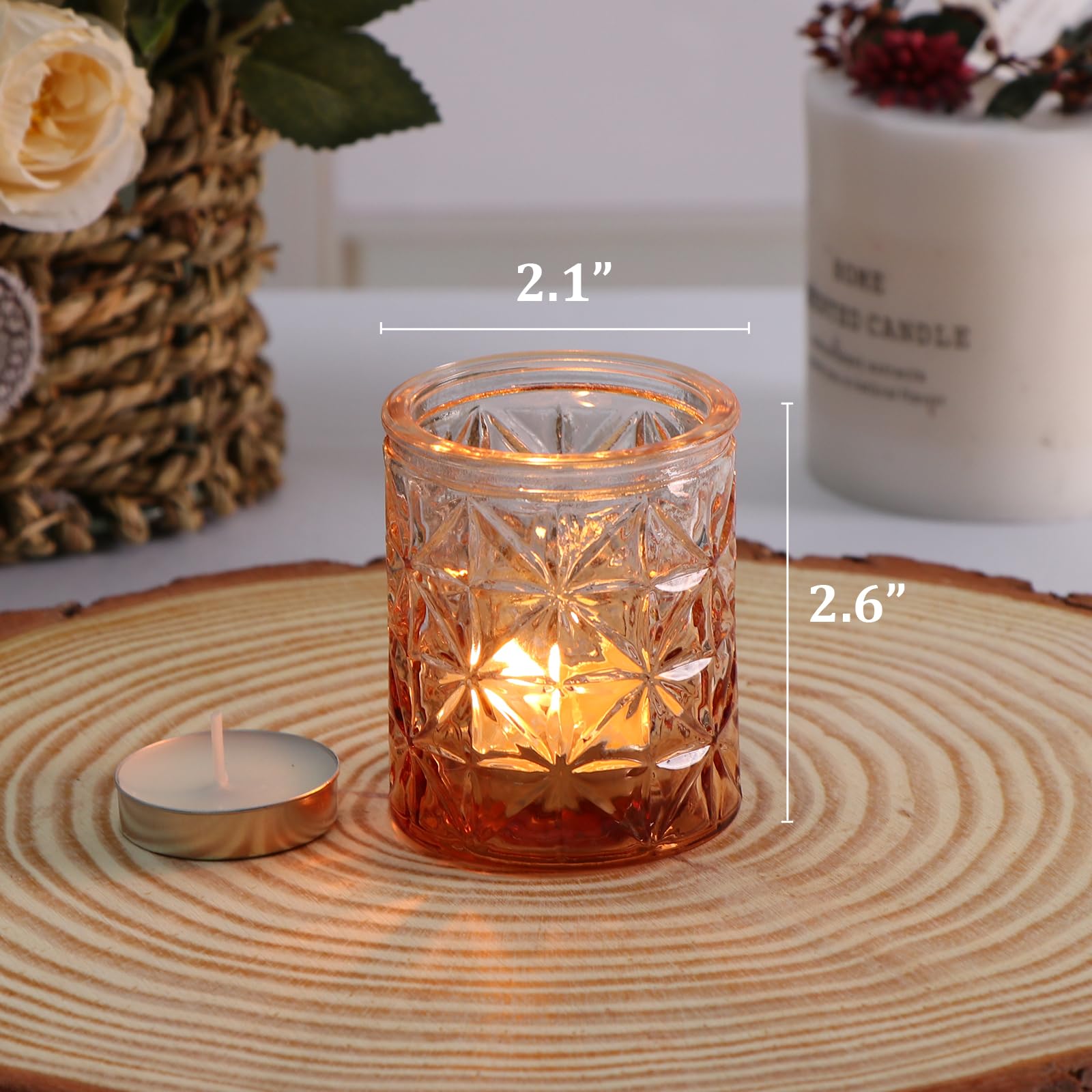24-Piece Amber Glass Votive Candle Holders Set - Elegant Tea Light Candle Holders for Wedding Centerpieces, Holiday Table Decor, Romantic Dinner Ambiance & Home Decoration