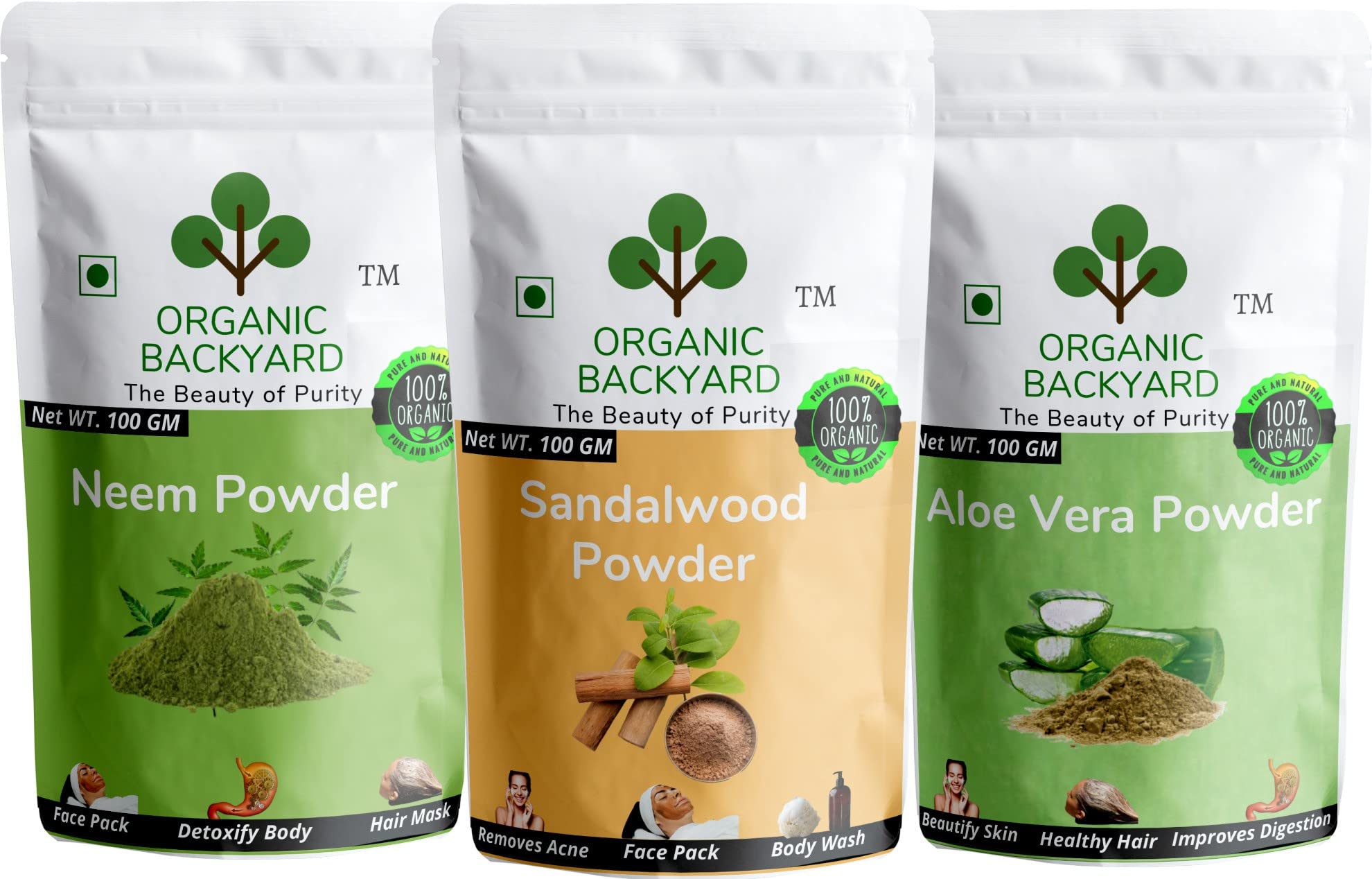 Organic Neem, Aloe Vera & Sandalwood Powder Combo - 100% Natural Face Care Treatment (100g Each) for Glowing Skin, Acne Relief & Ayurvedic Beauty Routine - Perfect for DIY Face Masks, Scrubs & Holistic Skincare