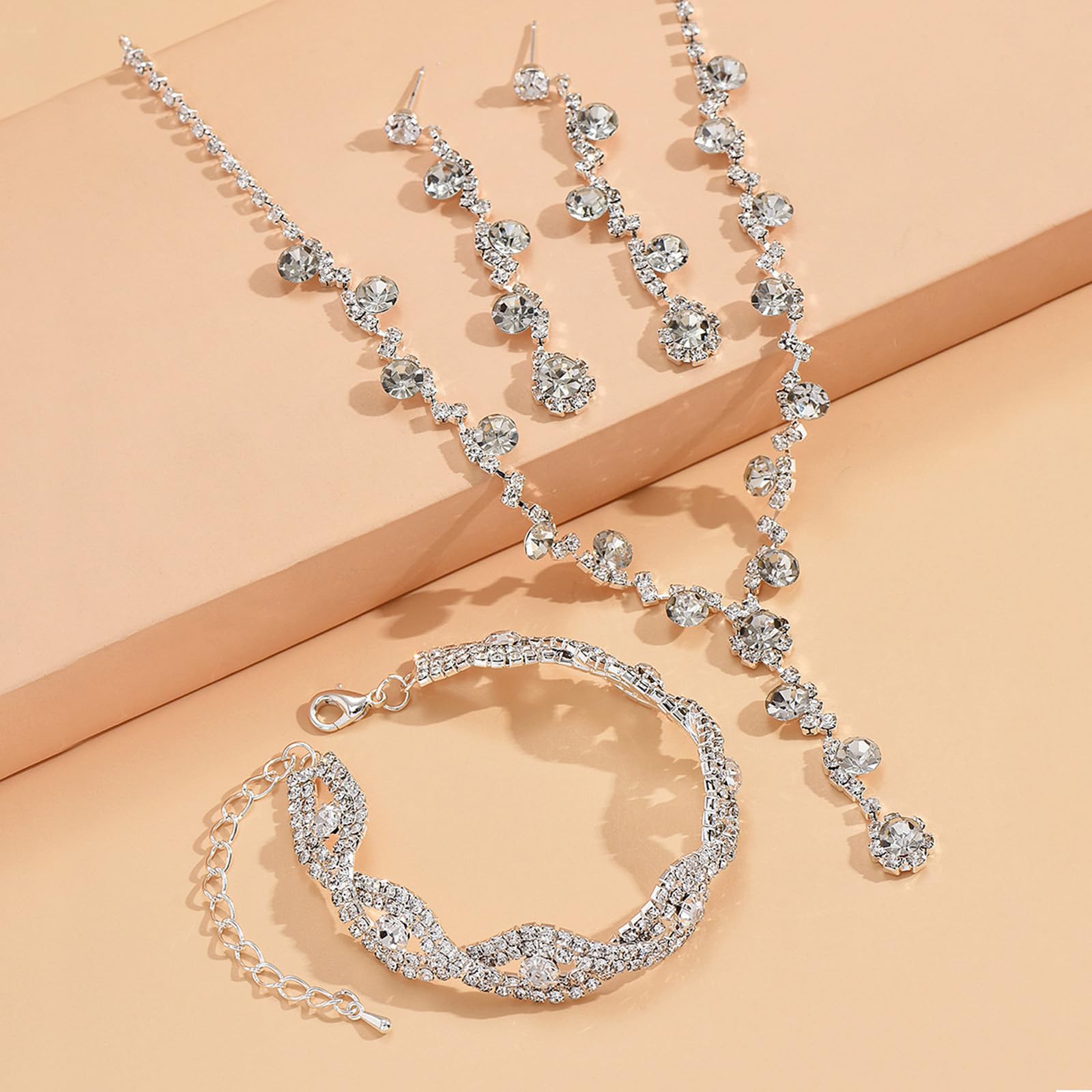 Elegant Silver Rhinestone Wedding Jewelry Set for Brides & Bridesmaids - Necklace, Earrings & Bracelet Set | Formal Costume Jewelry for Women | Perfect for Weddings, Proms & Special Occasions