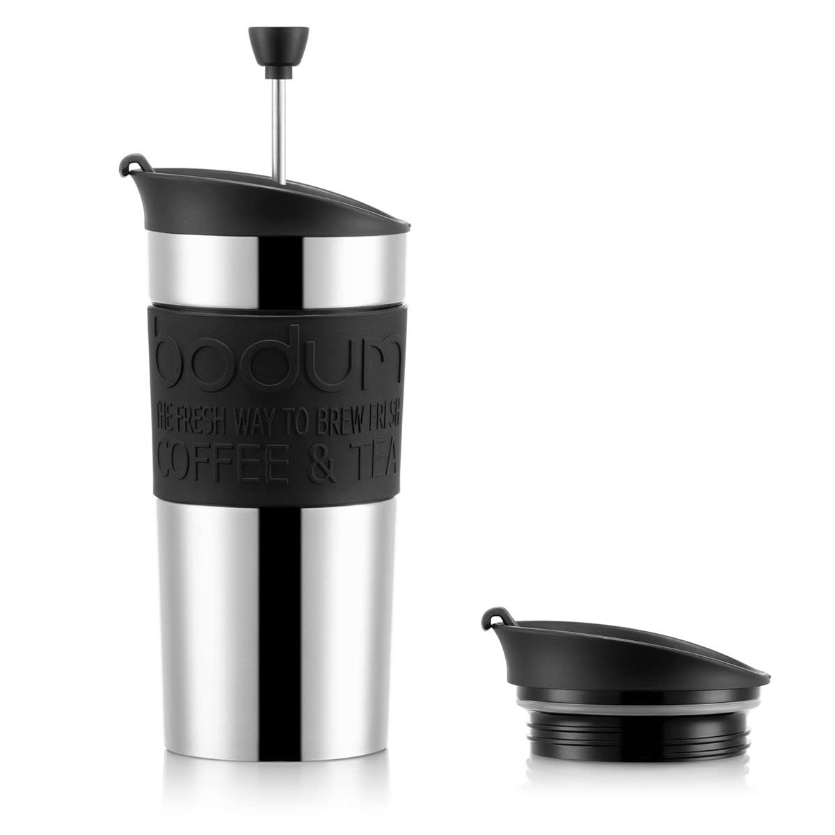 BODUM Stainless Steel Travel French Press Coffee Maker Set - 12 oz (0.35L) with Vacuum Insulation & Extra Lid - Perfect for Camping, Office & On-The-Go Coffee Lovers