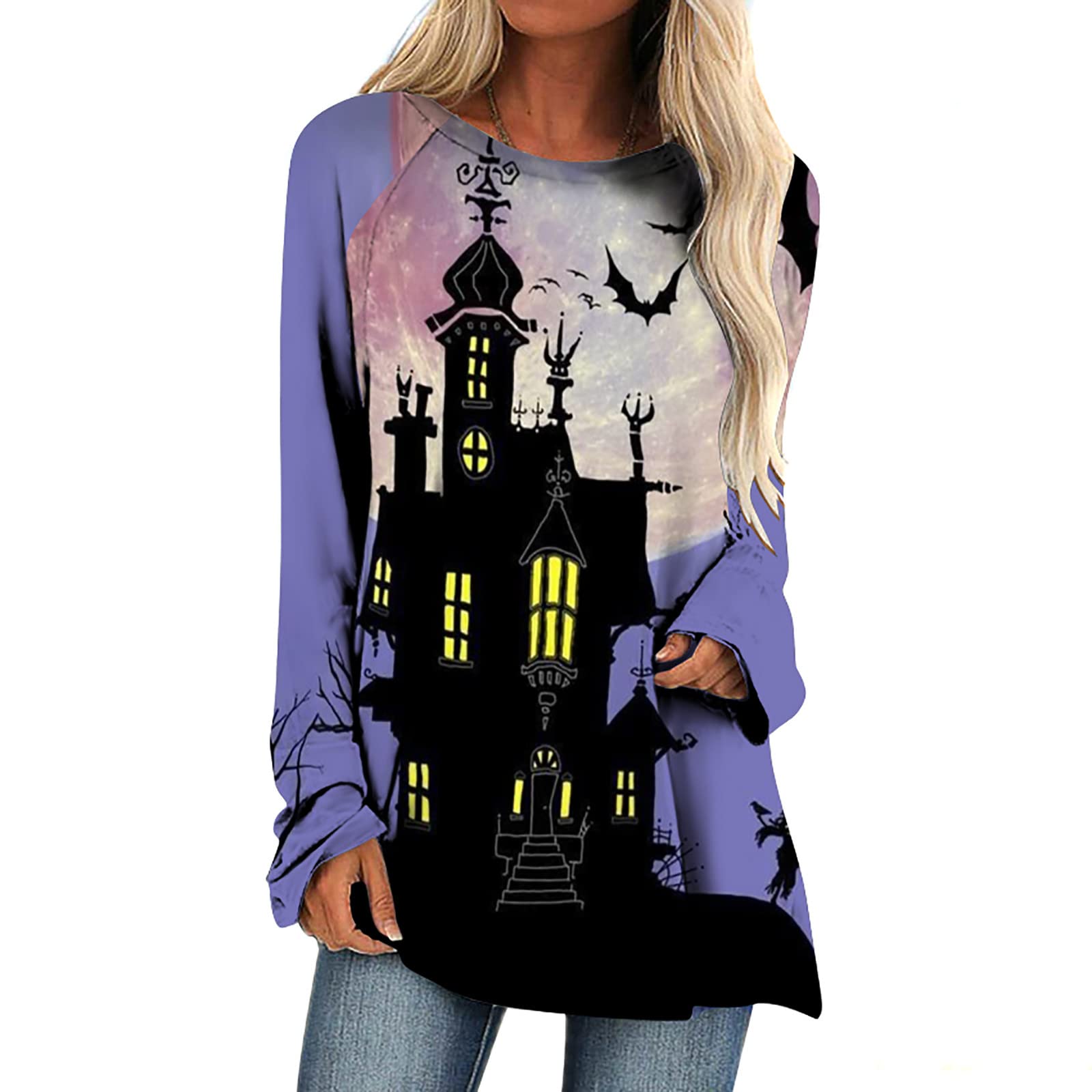 Halloween Shirts for Women - Black Cat Graphic Tunic Top with Long Sleeves | Vintage Loose Pullover Sweatshirt | Perfect for Halloween Parties, Costume Events & Fall Fashion