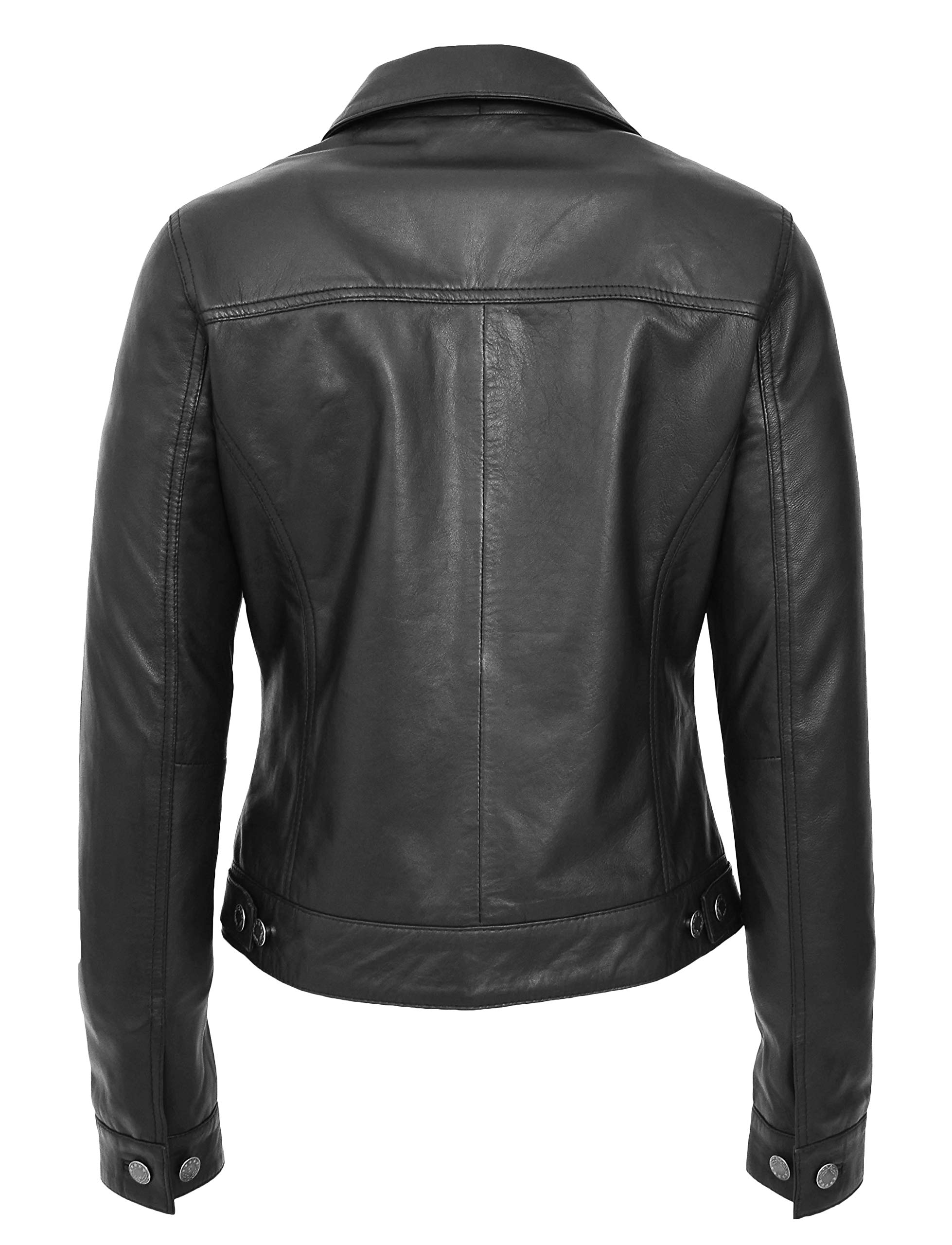 Women's Black Leather Trucker Jacket - Fitted Denim Biker Style Coat for American Girls | Perfect for Motorcycle Riding, Casual Outings & Night Out Fashion